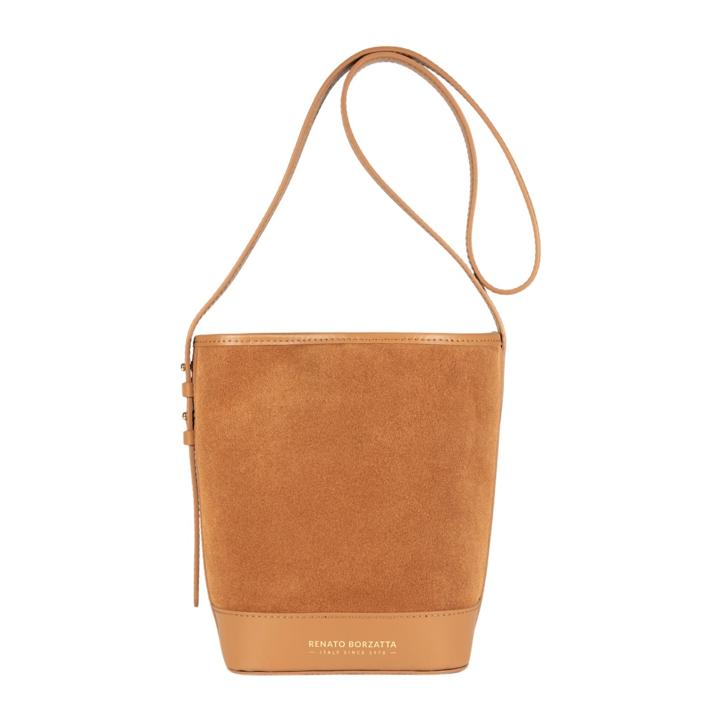 Cognackleurige suède schoudertas van Renato Borzatta, verkrijgbaar bij Veroborsa – elegante Italiaanse crossbody tas met verstelbare schouderband en luxe afwerking.