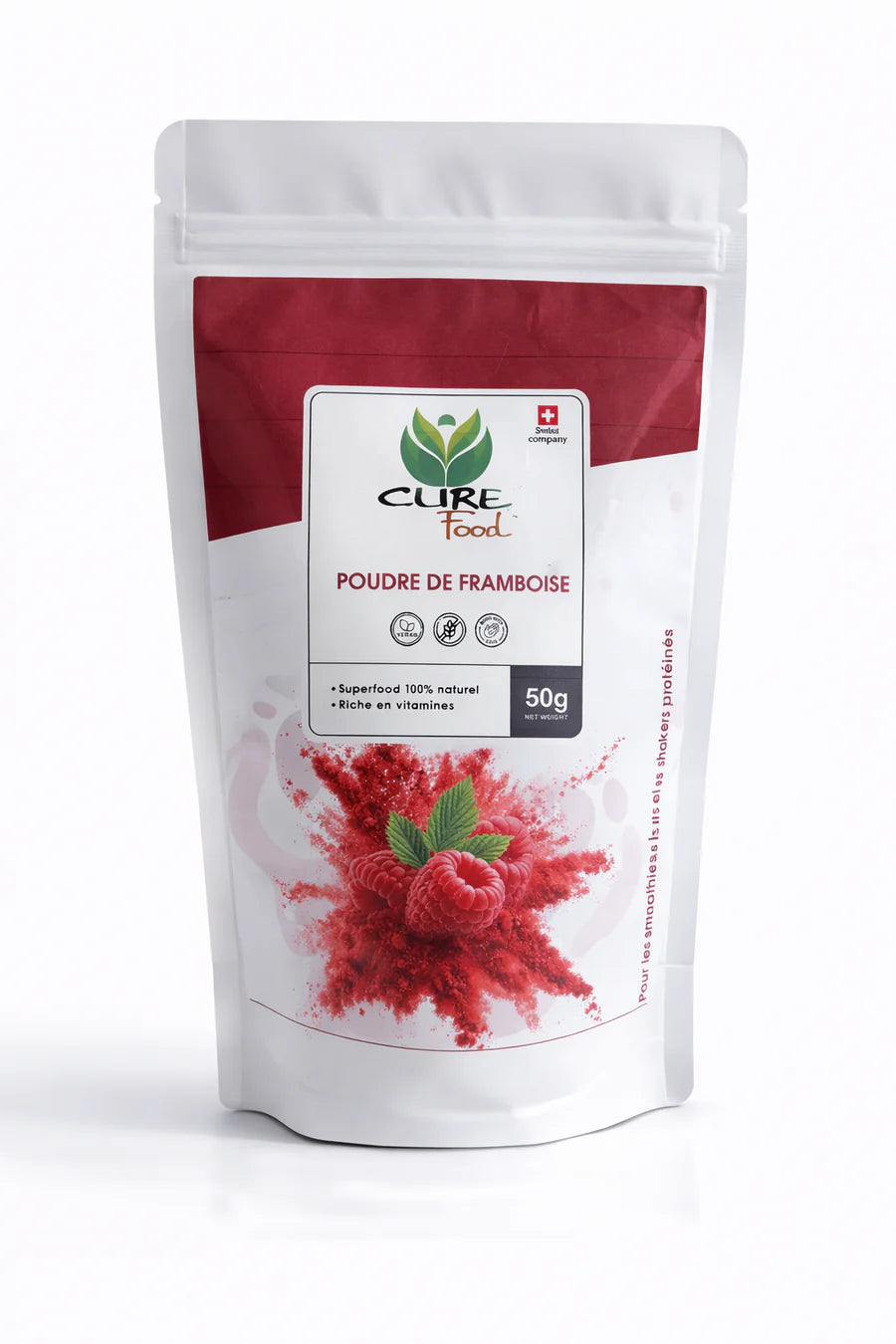 CureFood frambozen poeder is een 100% natuurlijke superfood, rijk aan vitaminen en smaak. Perfect voor smoothies en desserts. Verkrijgbaar bij Veroborsa.