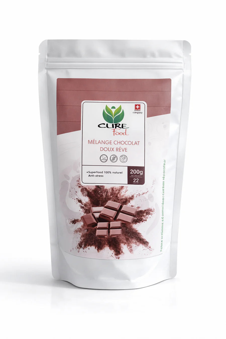 CureFood Mélange Chocolat Doux Rêve is een 100% natuurlijke chocolademix met ontspannende werking. Ideaal voor een rustmoment. Verkrijgbaar bij Veroborsa.