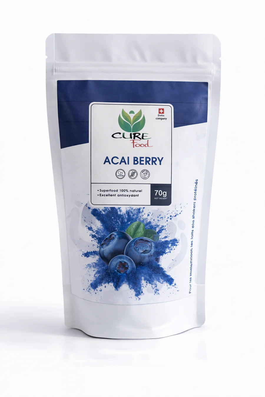 Cure Food açaí berry poeder is een 100% natuurlijke superfood, rijk aan antioxidanten. Ideaal voor smoothies en bowls. Verkrijgbaar bij Veroborsa.