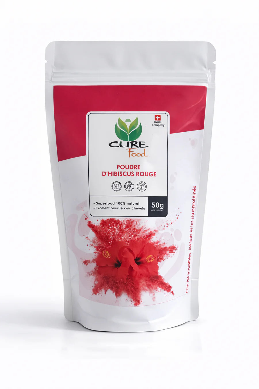 Cure Food hibiscus poeder (hibiscus rouge) is een 100% natuurlijke superfood, ideaal voor thee, smoothies en kleur. Verkrijgbaar bij Veroborsa.