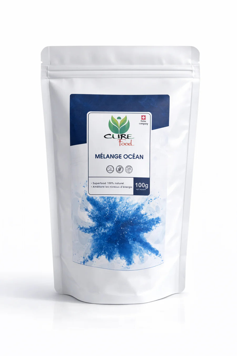 Cure Food Mélange Océan is een 100% natuurlijke blauwe superfoodmix, rijk aan voedingsstoffen. Ideaal voor smoothies en bowls. Verkrijgbaar bij Veroborsa.