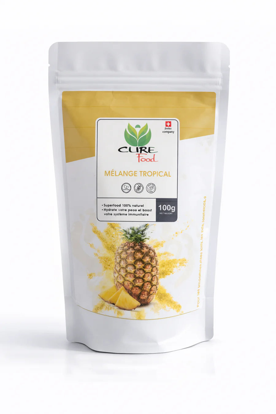 Cure Food Mélange Tropical is een 100% natuurlijke superfoodmix met tropische vruchten. Verfrissend en ideaal voor smoothies. Verkrijgbaar bij Veroborsa.