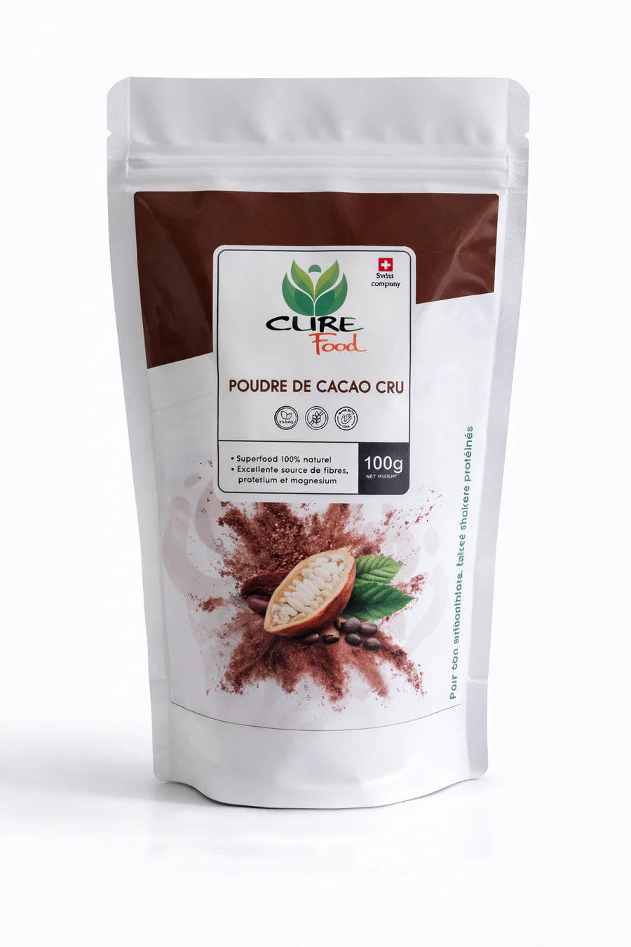 Cure Food rauwe cacaopoeder (cacao cru) is een 100% natuurlijke superfood, rijk aan vezels en mineralen. Verkrijgbaar bij Veroborsa.