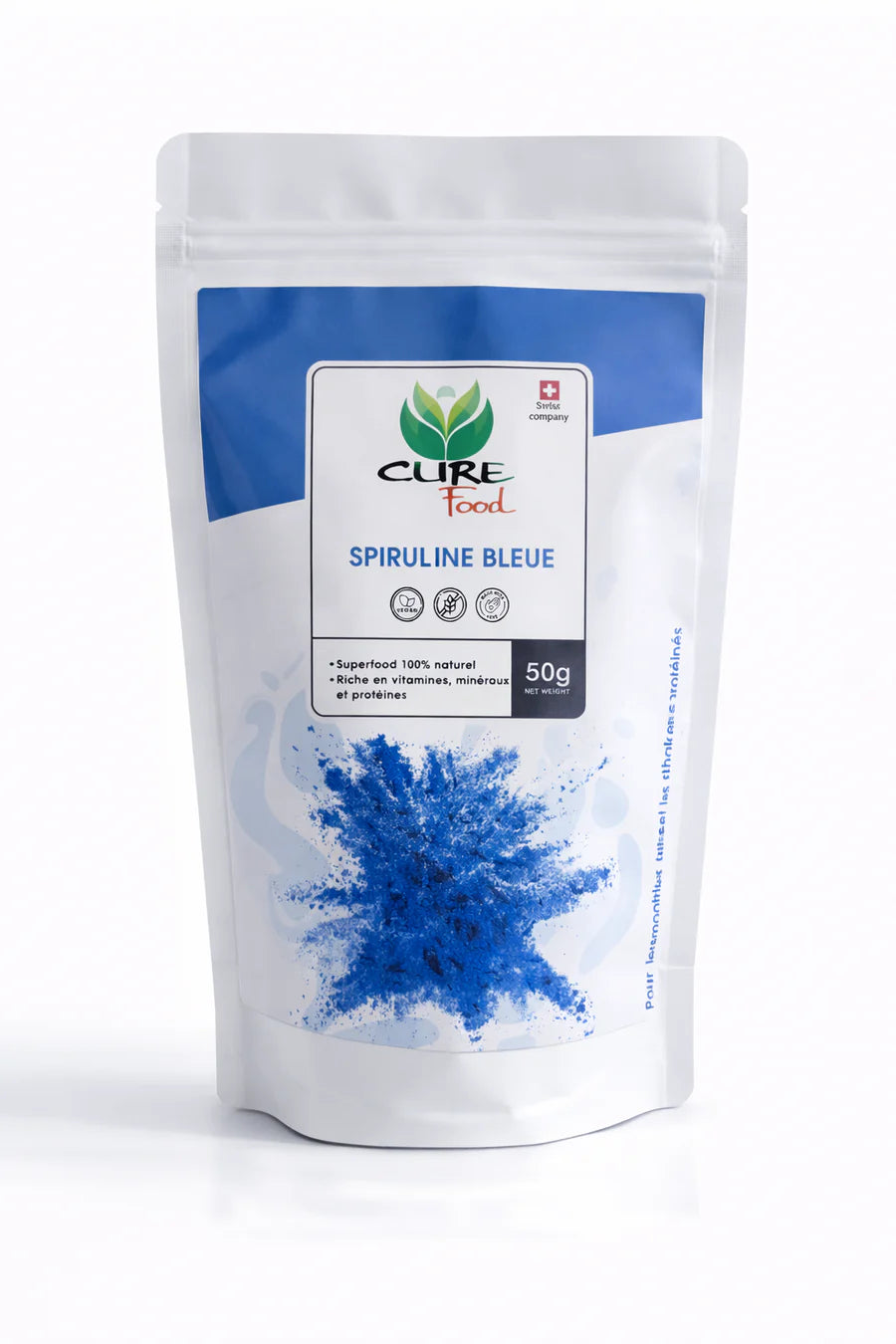 Cure Food spirulina blauw poeder is een 100% natuurlijke superfood, rijk aan eiwitten en micronutriënten. Verkrijgbaar bij Veroborsa.