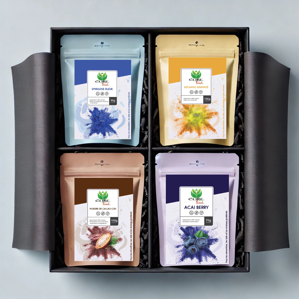Cure Food superfood giftbox met zorgvuldig geselecteerde mixen zoals spirulina, acaï en cacao. Een gezond en origineel cadeau voor elke gelegenheid.