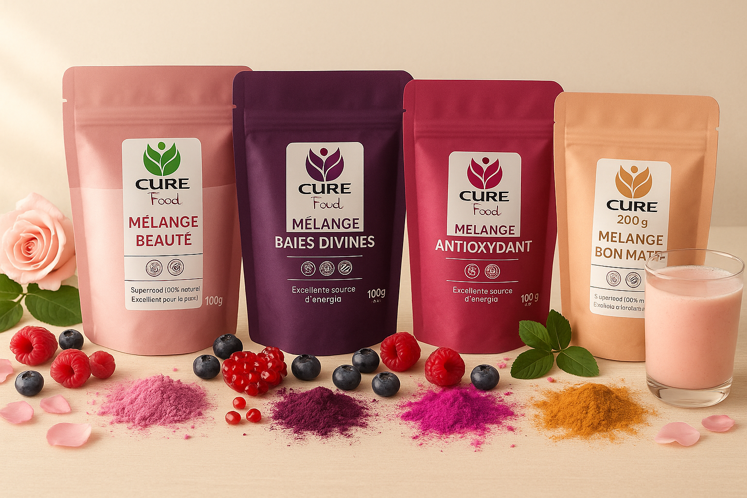 Ontdek de Cure Food superfood mixen zoals Antioxydant, Beauté en Baies Divines. 100% natuurlijk, ideaal voor smoothies, bowls en dagelijks gebruik.