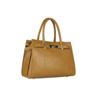RB1016S | Borsa Donna a Mano in Vera Pelle Made in Italy con tracolla removibile. Attacchi con moschettoni in metallo Oro Lucido - Colore Cognac - Dimensioni: cm 28 x 20 x 14 + 12,5-1