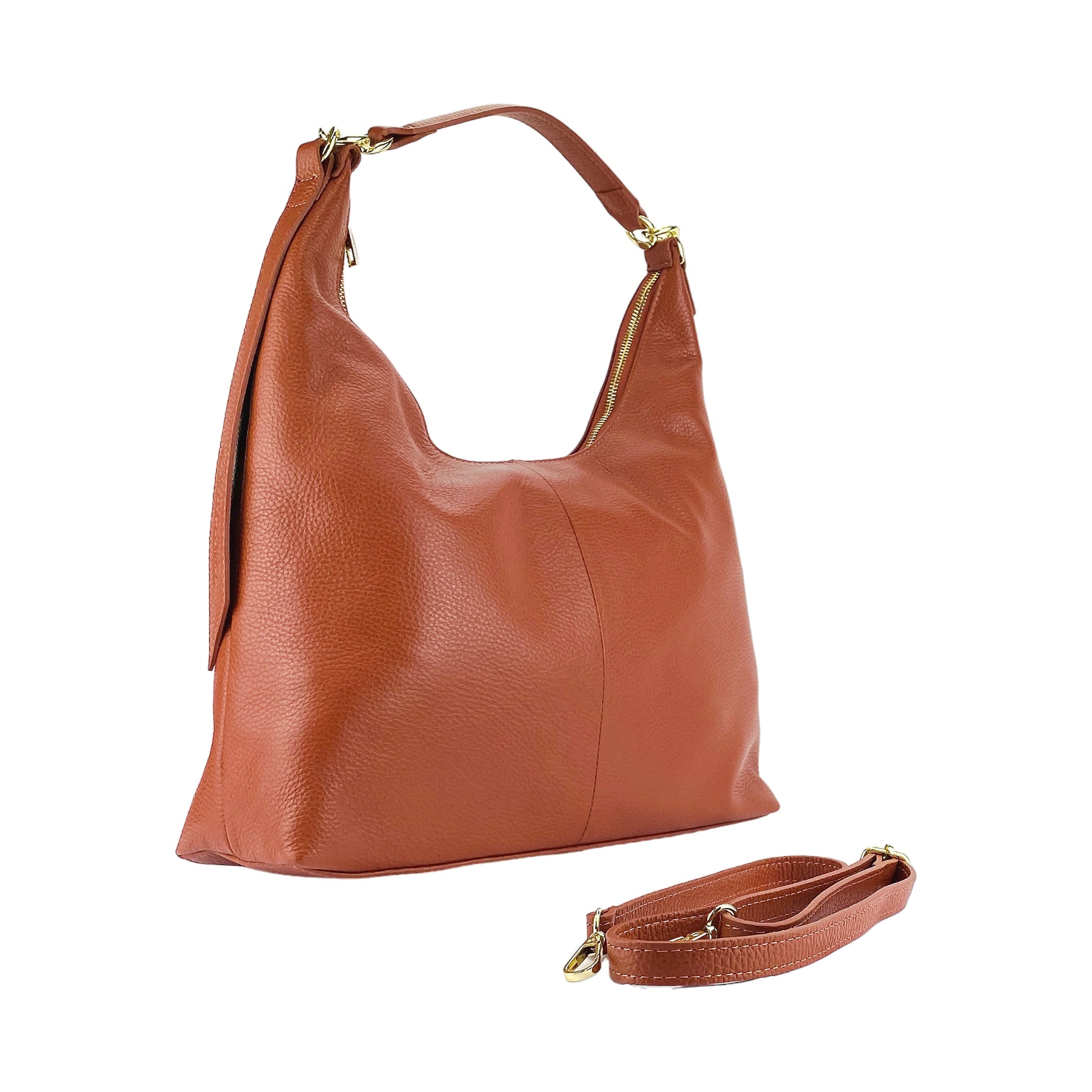 RB1017AM | Women's Soft Shoulder Bag in Genuine Leather Made in Italy with single handle and removable shoulder strap. Shiny Gold metal snap hook attachments - Paprika color - Dimensions: cm 36 x 40 x 13-0