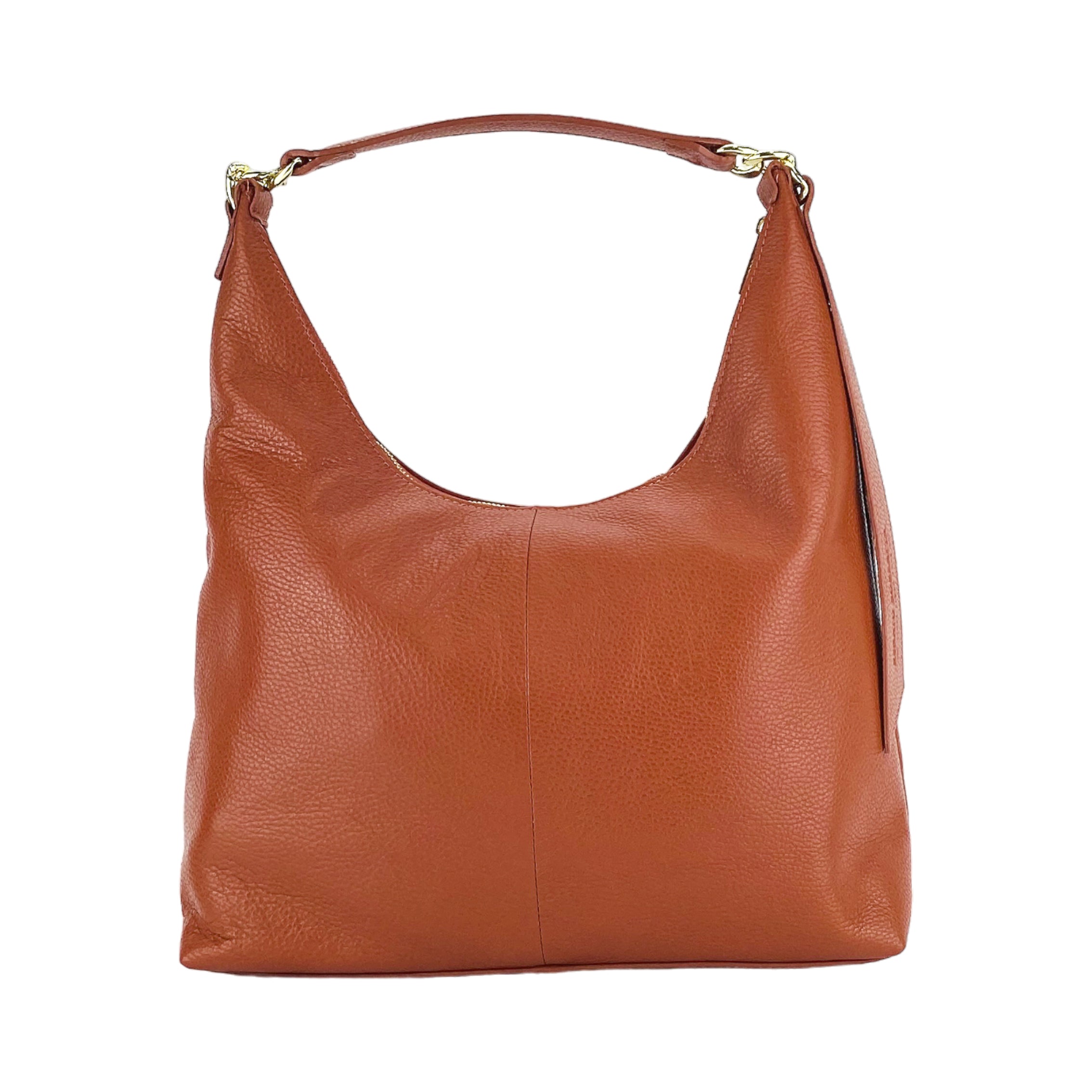 RB1017AM | Women's Soft Shoulder Bag in Genuine Leather Made in Italy with single handle and removable shoulder strap. Shiny Gold metal snap hook attachments - Paprika color - Dimensions: cm 36 x 40 x 13-2