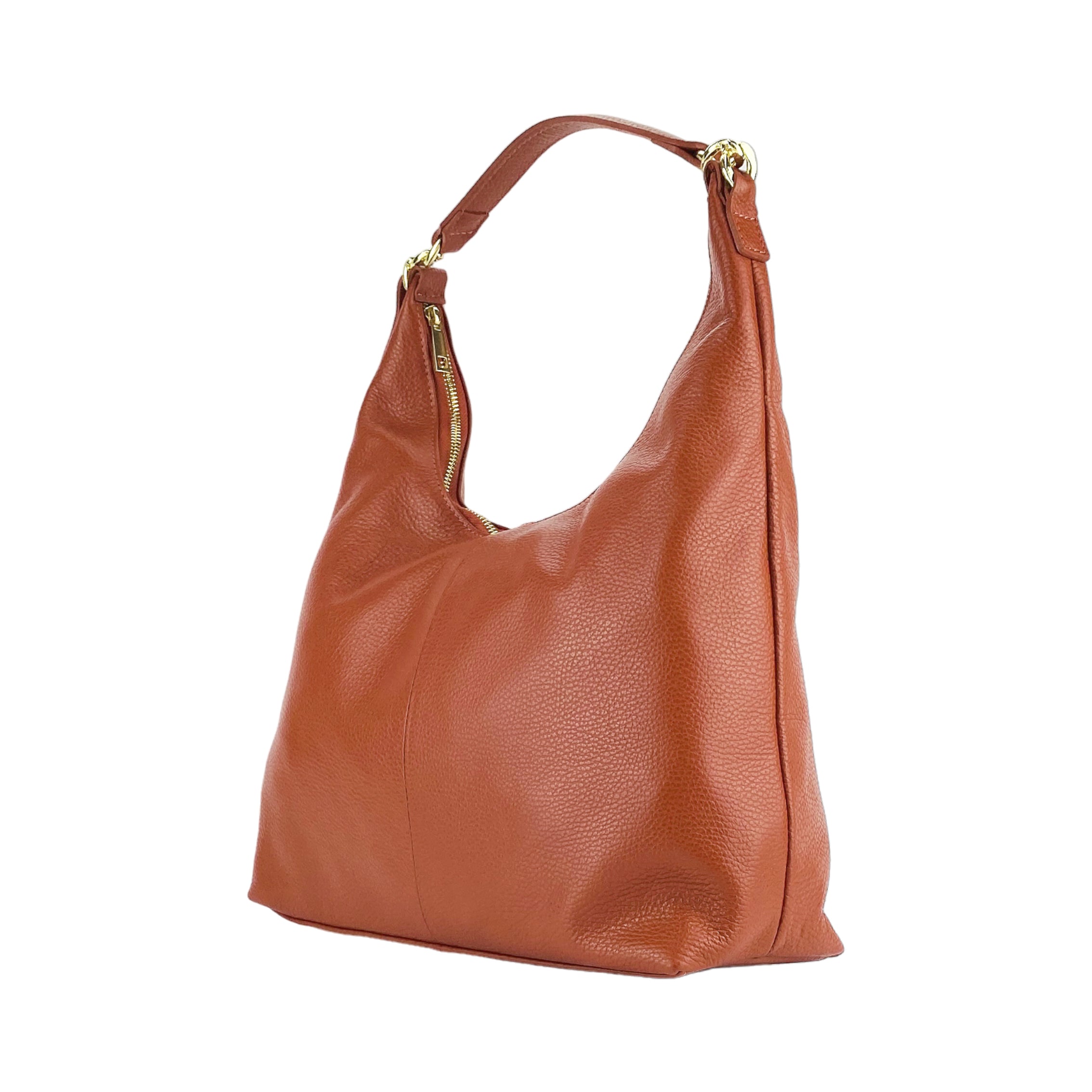 RB1017AM | Women's Soft Shoulder Bag in Genuine Leather Made in Italy with single handle and removable shoulder strap. Shiny Gold metal snap hook attachments - Paprika color - Dimensions: cm 36 x 40 x 13-4