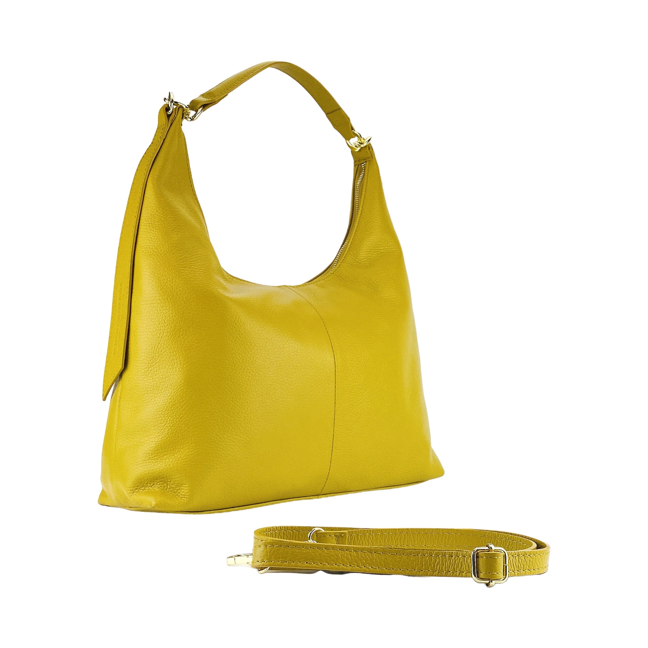 RB1017AR | Women's Soft Shoulder Bag in Genuine Leather Made in Italy with single handle and removable shoulder strap. Shiny Gold metal snap hook attachments - Mustard color - Dimensions: cm 36 x 40 x 13-0