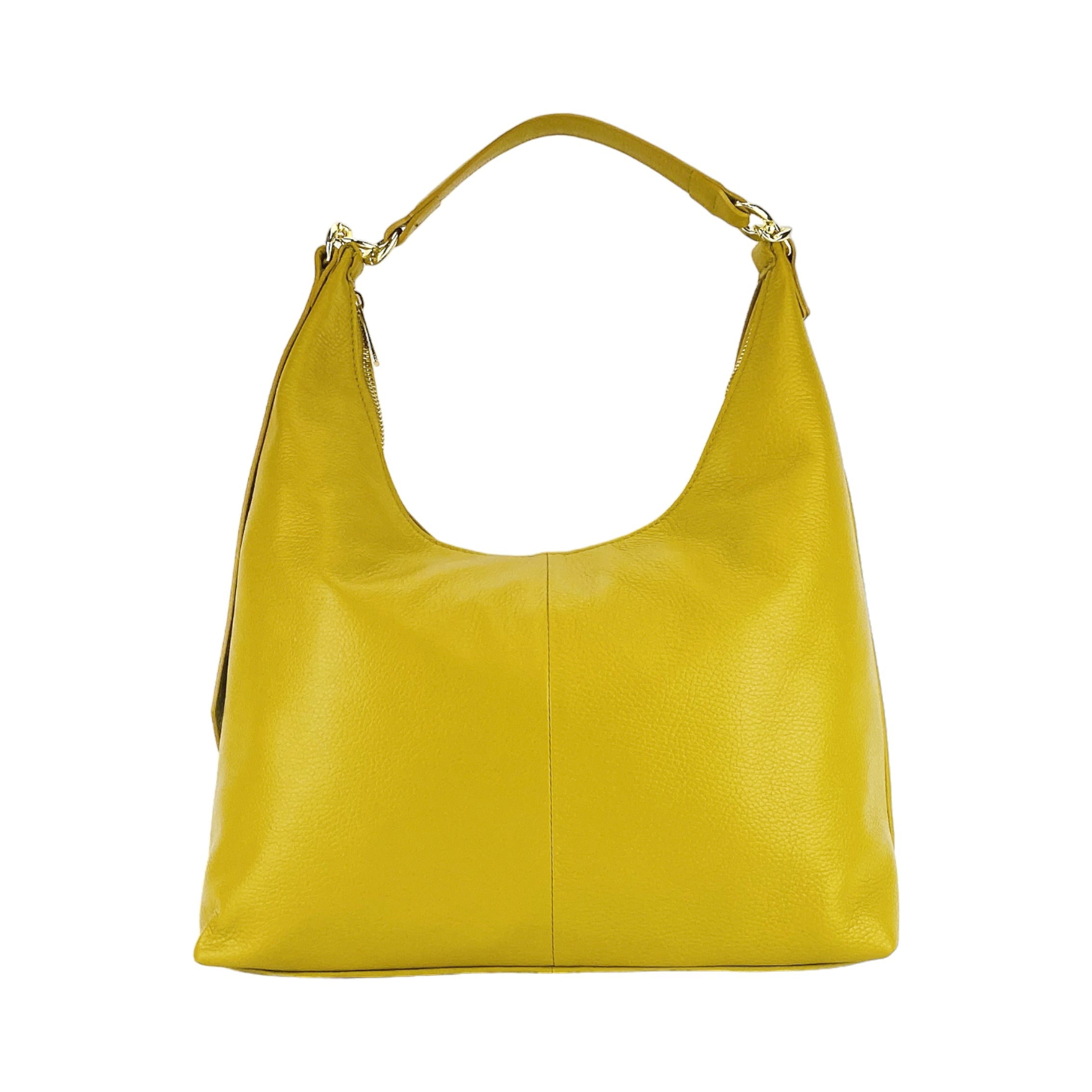 RB1017AR | Women's Soft Shoulder Bag in Genuine Leather Made in Italy with single handle and removable shoulder strap. Shiny Gold metal snap hook attachments - Mustard color - Dimensions: cm 36 x 40 x 13-1