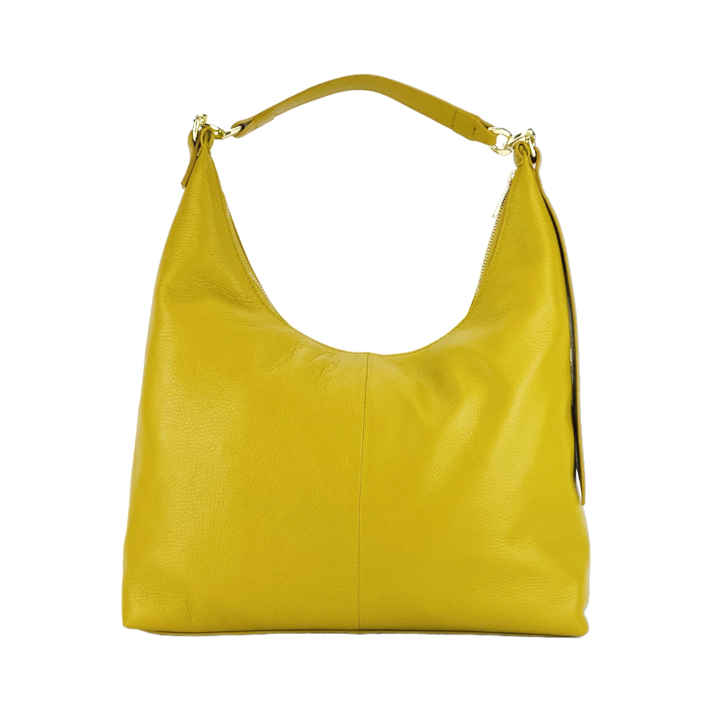 RB1017AR | Women's Soft Shoulder Bag in Genuine Leather Made in Italy with single handle and removable shoulder strap. Shiny Gold metal snap hook attachments - Mustard color - Dimensions: cm 36 x 40 x 13-2