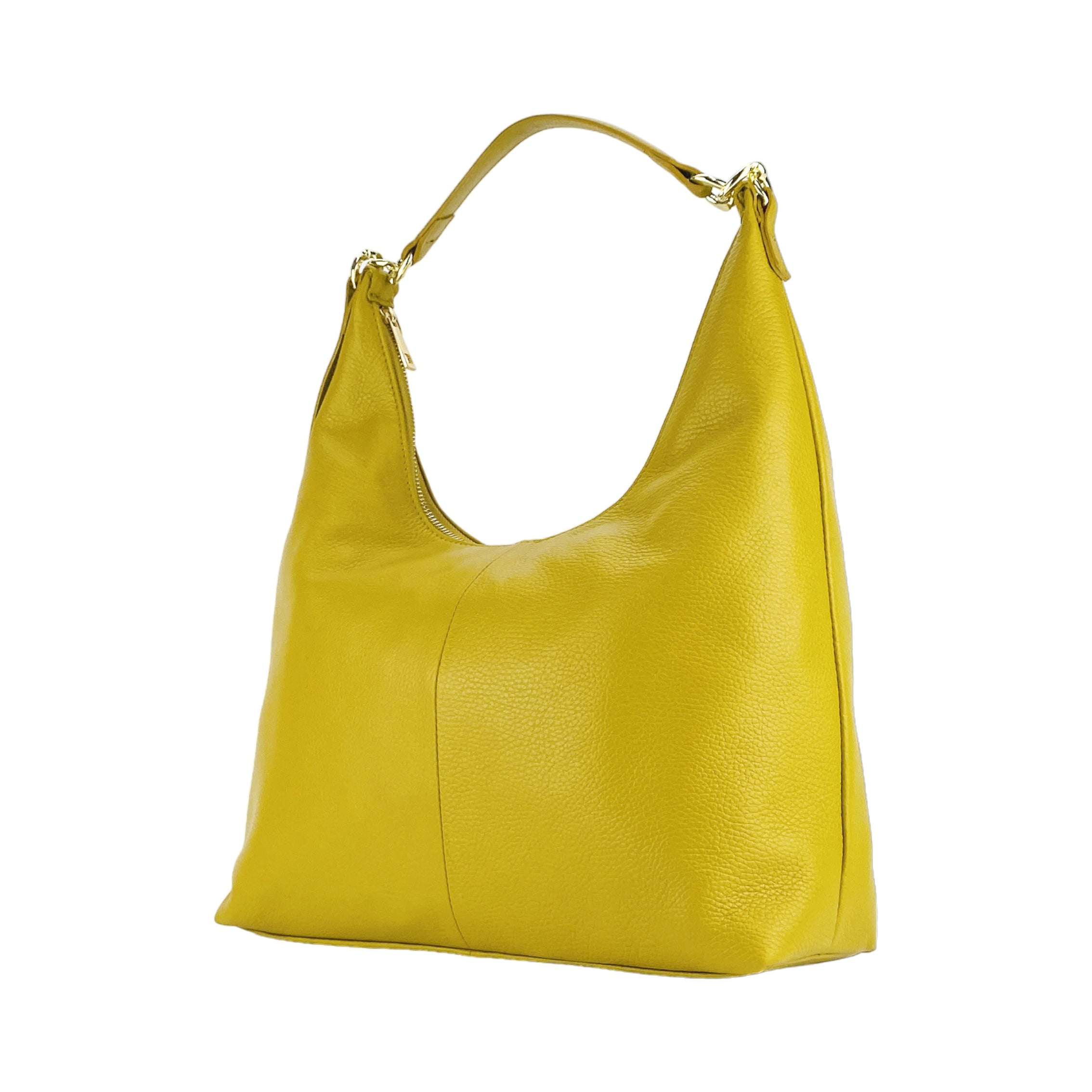 RB1017AR | Women's Soft Shoulder Bag in Genuine Leather Made in Italy with single handle and removable shoulder strap. Shiny Gold metal snap hook attachments - Mustard color - Dimensions: cm 36 x 40 x 13-4