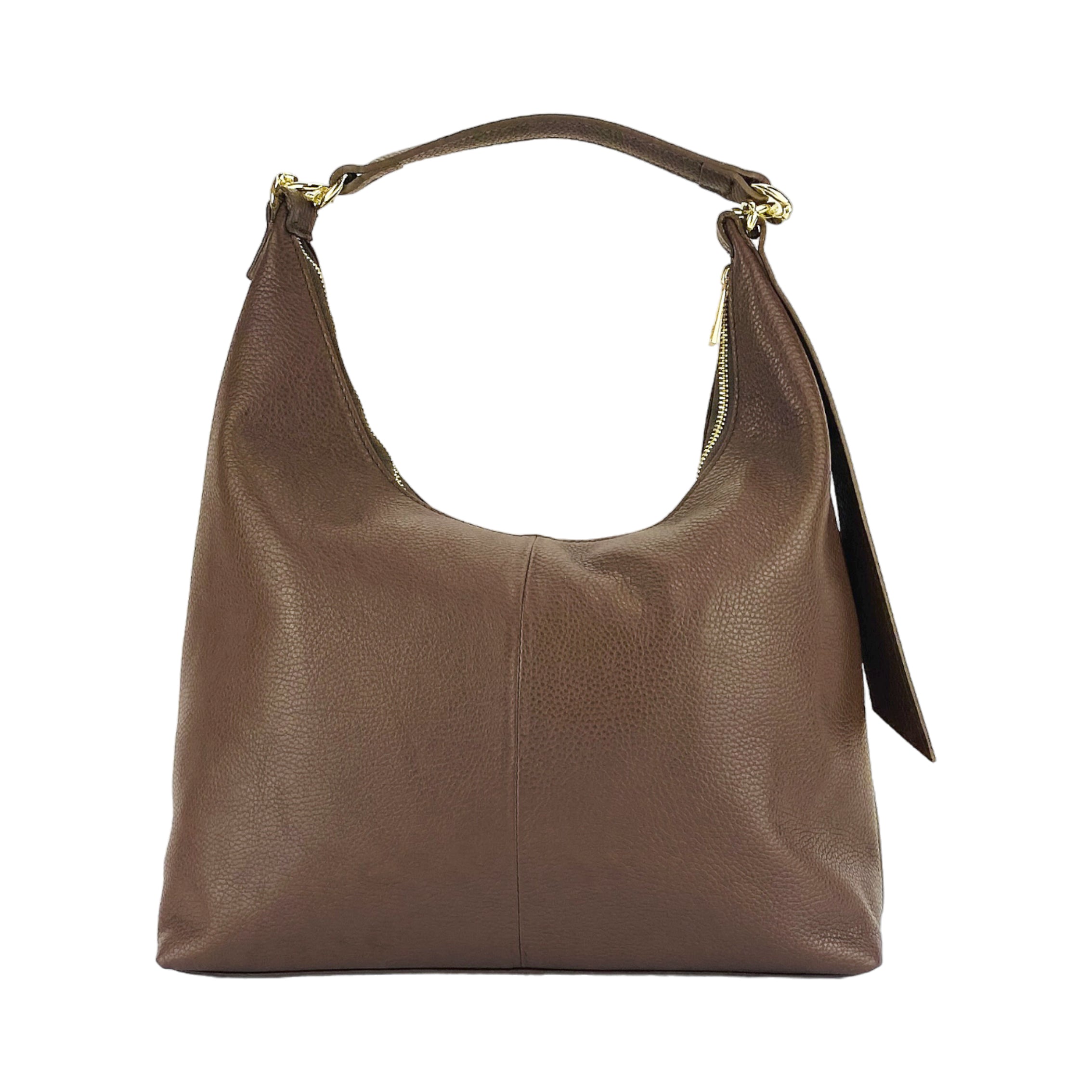 RB1017BV | Women's Soft Shoulder Bag in Genuine Leather Made in Italy with single handle and removable shoulder strap. Shiny Gold metal snap hook attachments - Chocolate color - Dimensions: cm 36 x 40 x 13-2