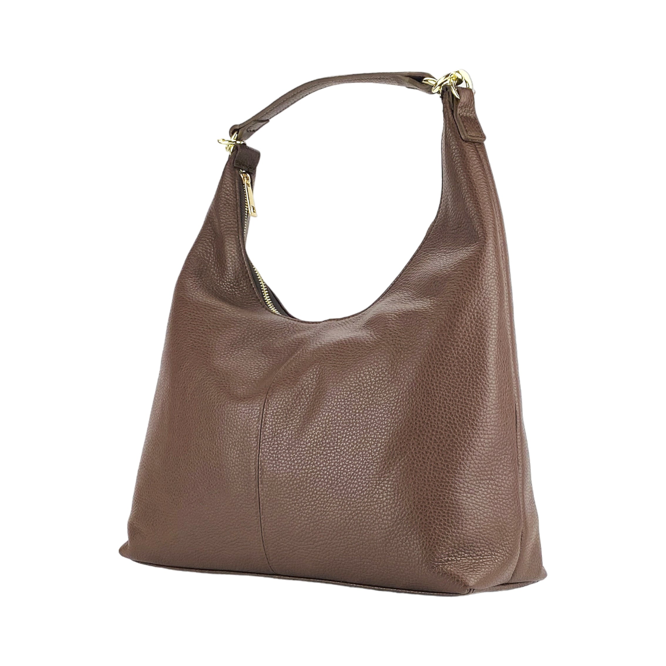 RB1017BV | Women's Soft Shoulder Bag in Genuine Leather Made in Italy with single handle and removable shoulder strap. Shiny Gold metal snap hook attachments - Chocolate color - Dimensions: cm 36 x 40 x 13-4