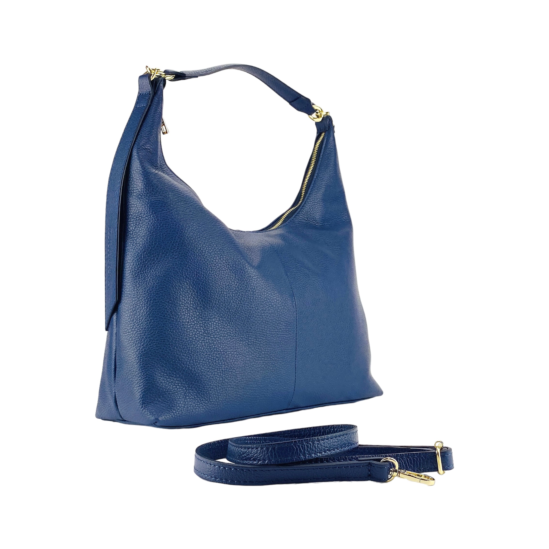 RB1017D | Women's Soft Shoulder Bag in Genuine Leather Made in Italy with single handle and removable shoulder strap. Shiny Gold metal snap hook attachments - Blue color - Dimensions: cm 36 x 40 x 13-0