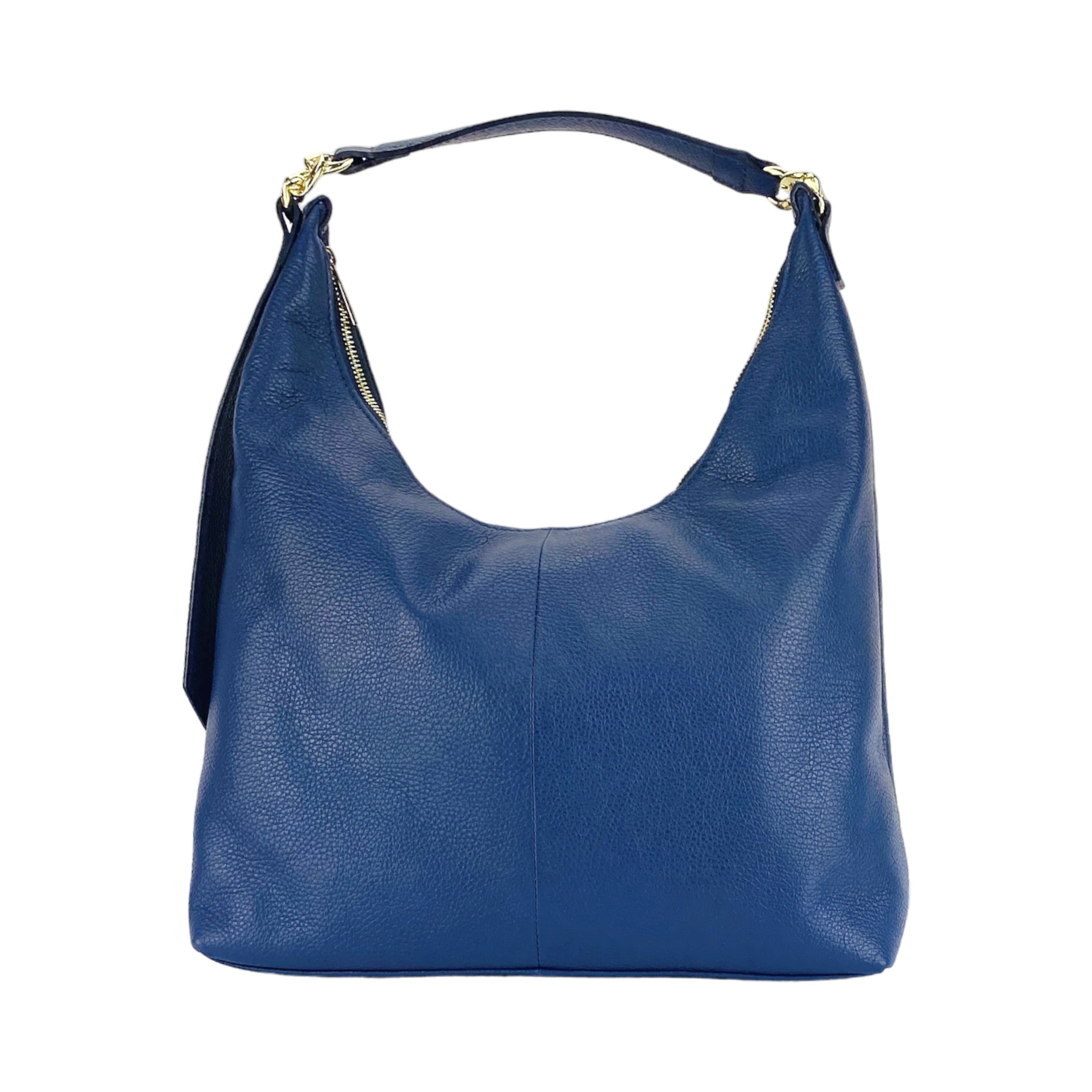 RB1017D | Women's Soft Shoulder Bag in Genuine Leather Made in Italy with single handle and removable shoulder strap. Shiny Gold metal snap hook attachments - Blue color - Dimensions: cm 36 x 40 x 13-1