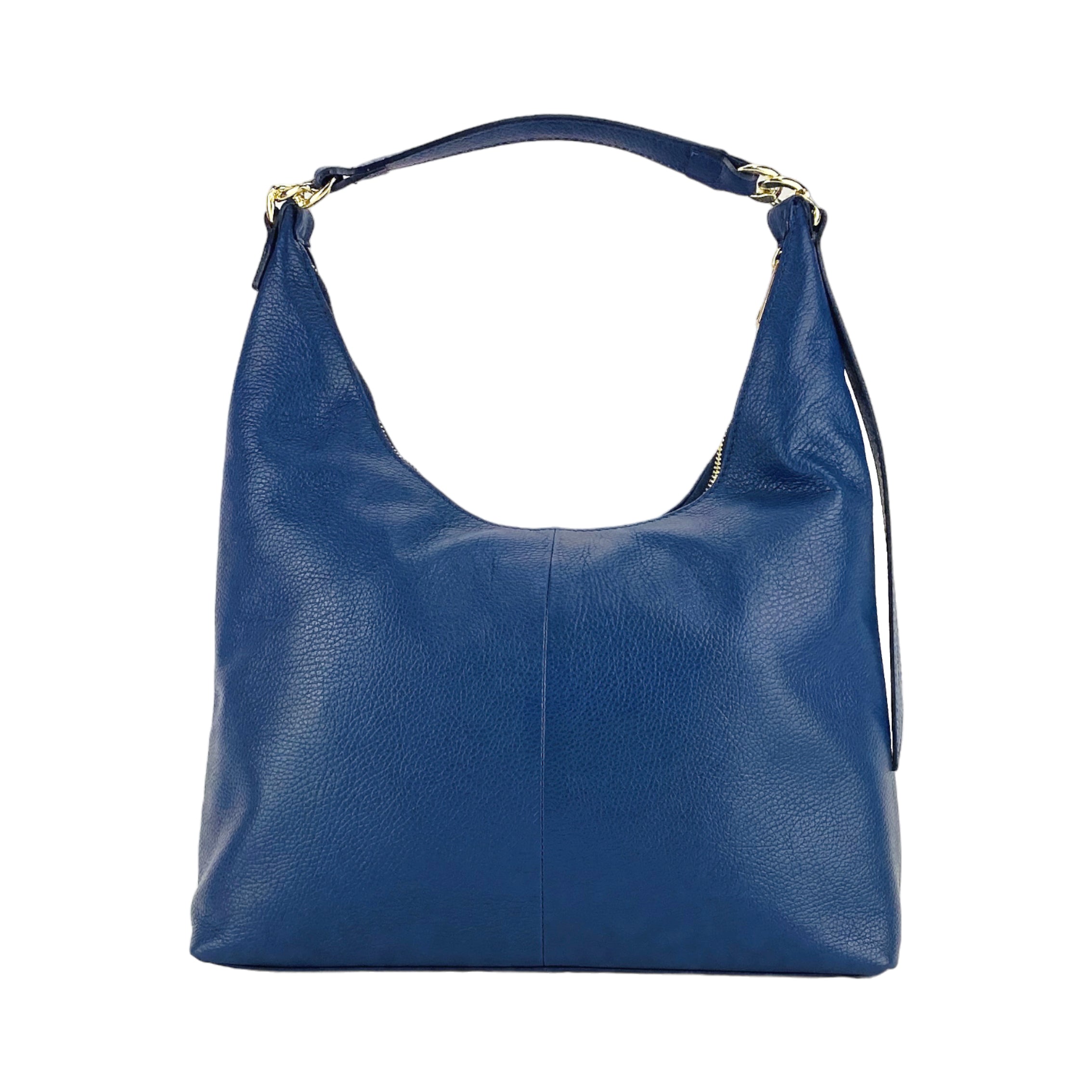 RB1017D | Women's Soft Shoulder Bag in Genuine Leather Made in Italy with single handle and removable shoulder strap. Shiny Gold metal snap hook attachments - Blue color - Dimensions: cm 36 x 40 x 13-2