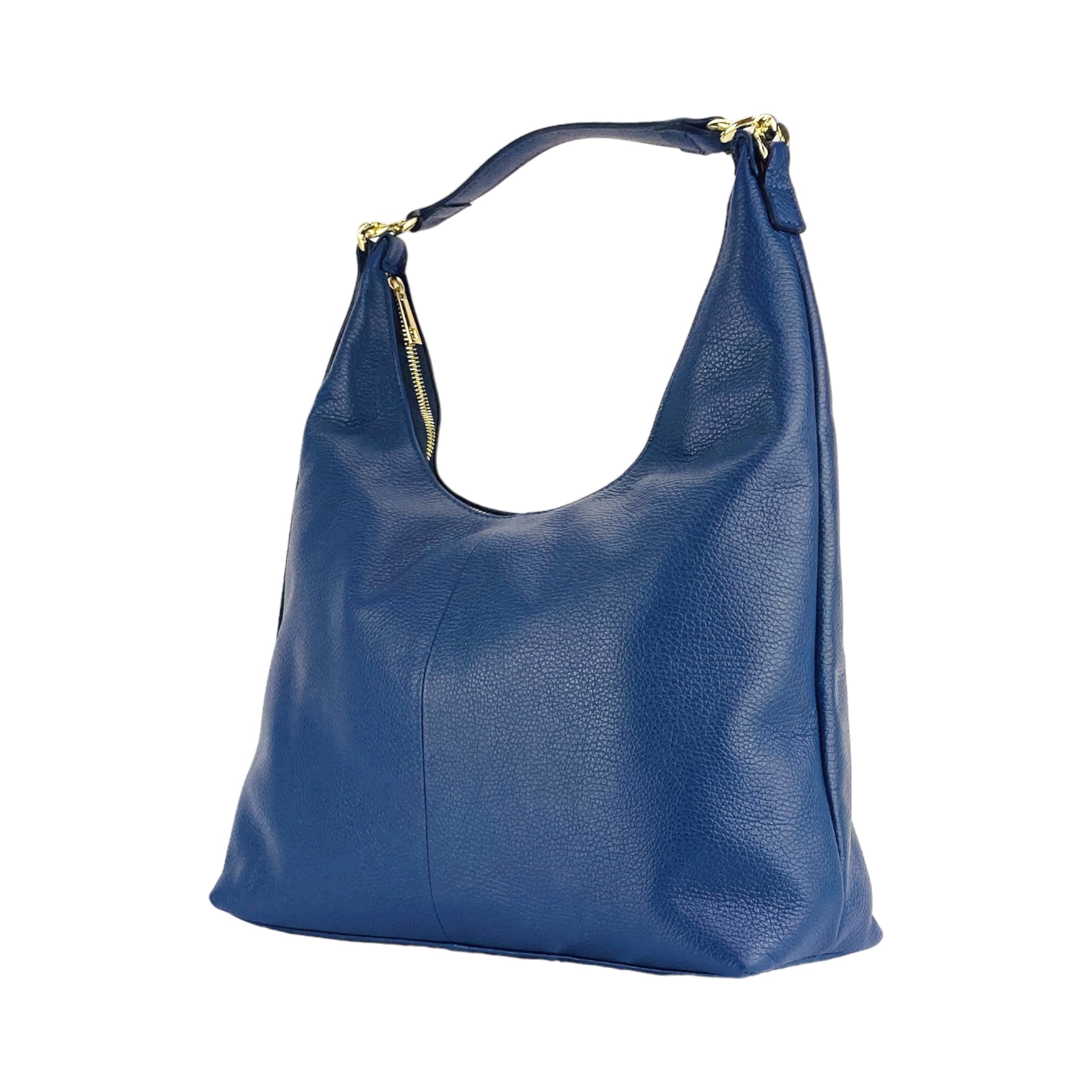 RB1017D | Women's Soft Shoulder Bag in Genuine Leather Made in Italy with single handle and removable shoulder strap. Shiny Gold metal snap hook attachments - Blue color - Dimensions: cm 36 x 40 x 13-4