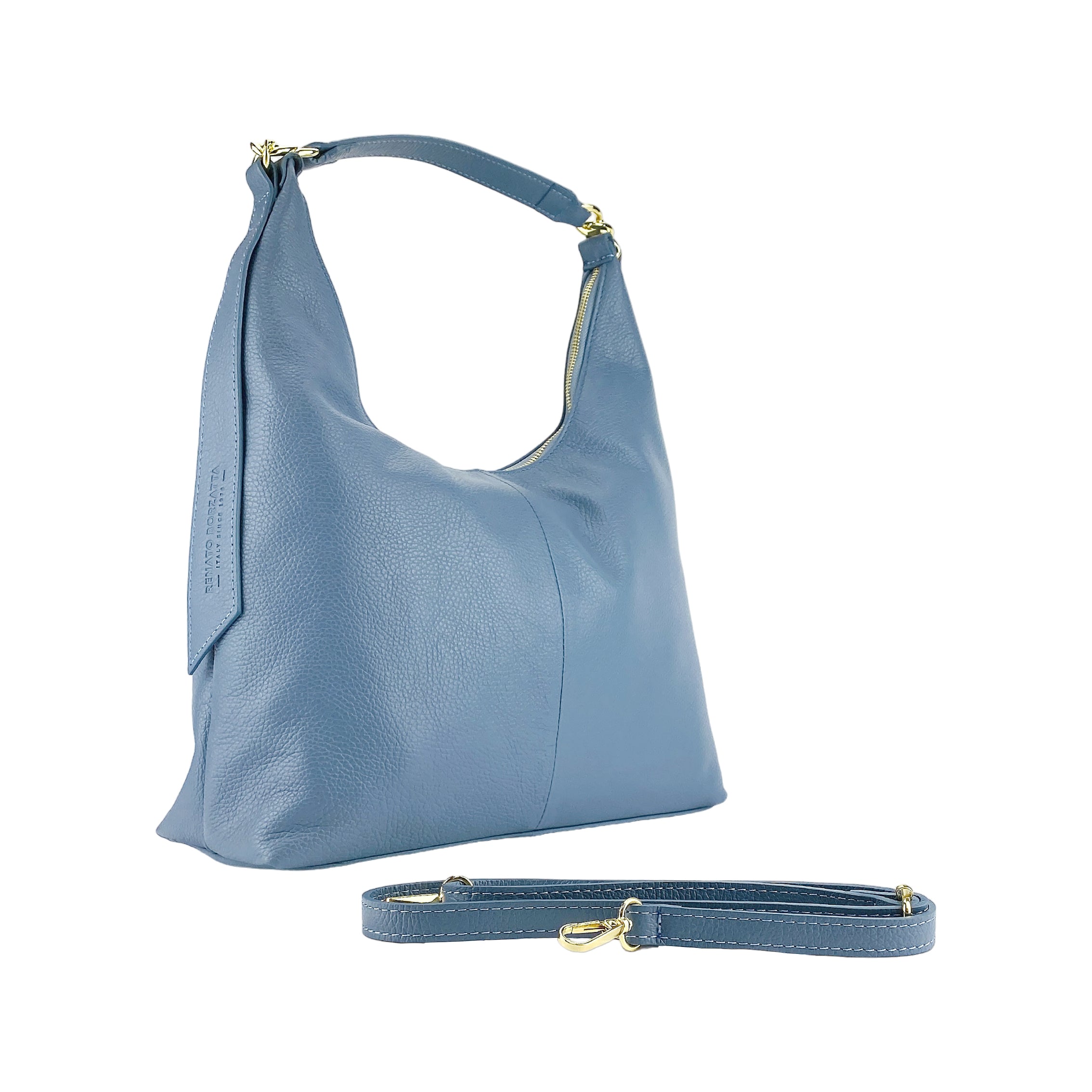 RB1017P | Women's Soft Shoulder Bag in Genuine Leather Made in Italy with removable shoulder strap. Shiny Gold metal snap hook attachments - Avio color - Dimensions: cm 36 x 40 x 13-0