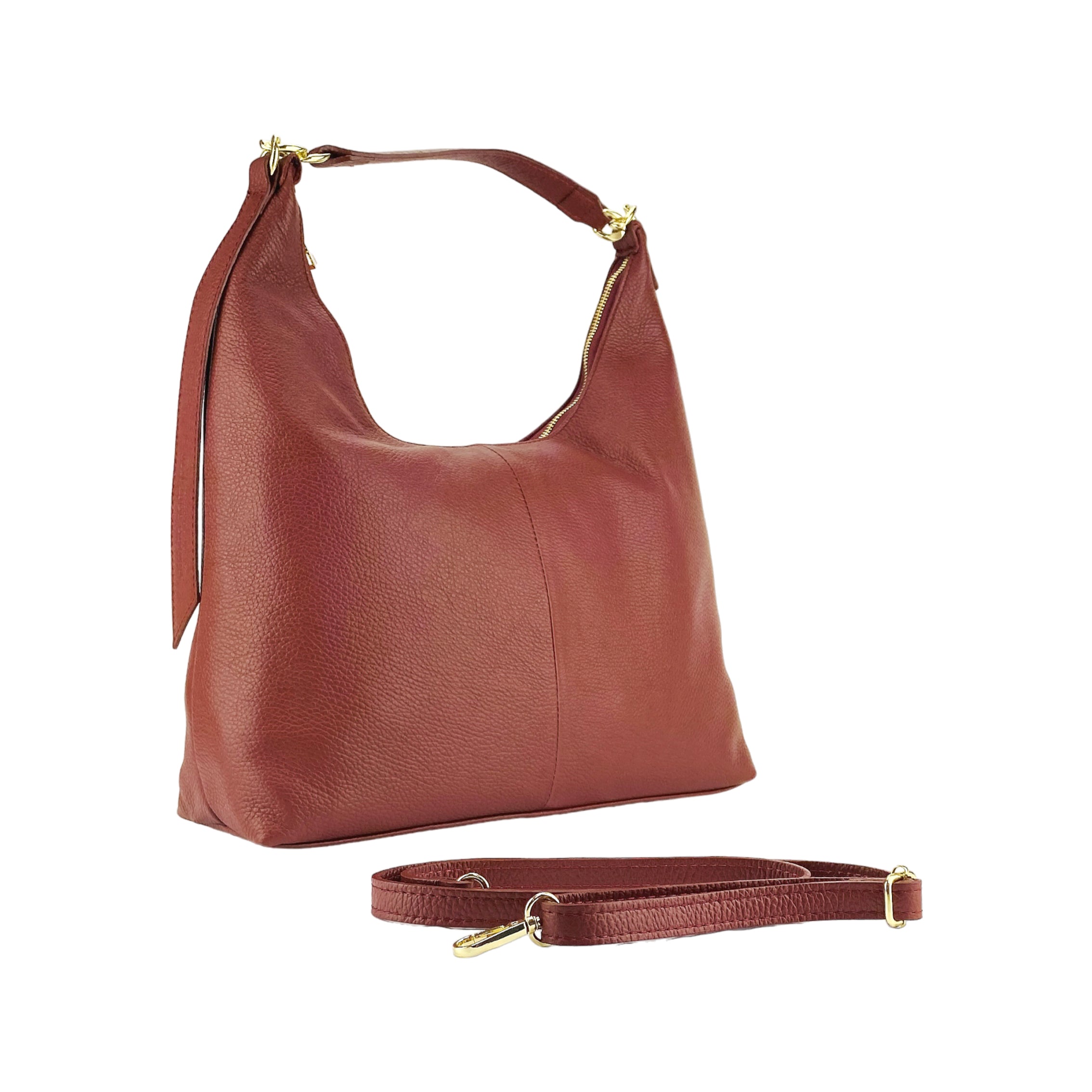 RB1017Q | Women's Soft Shoulder Bag in Genuine Leather Made in Italy with removable shoulder strap. Shiny Gold metal snap hook attachments - Ruby color - Dimensions: cm 36 x 40 x 13-0