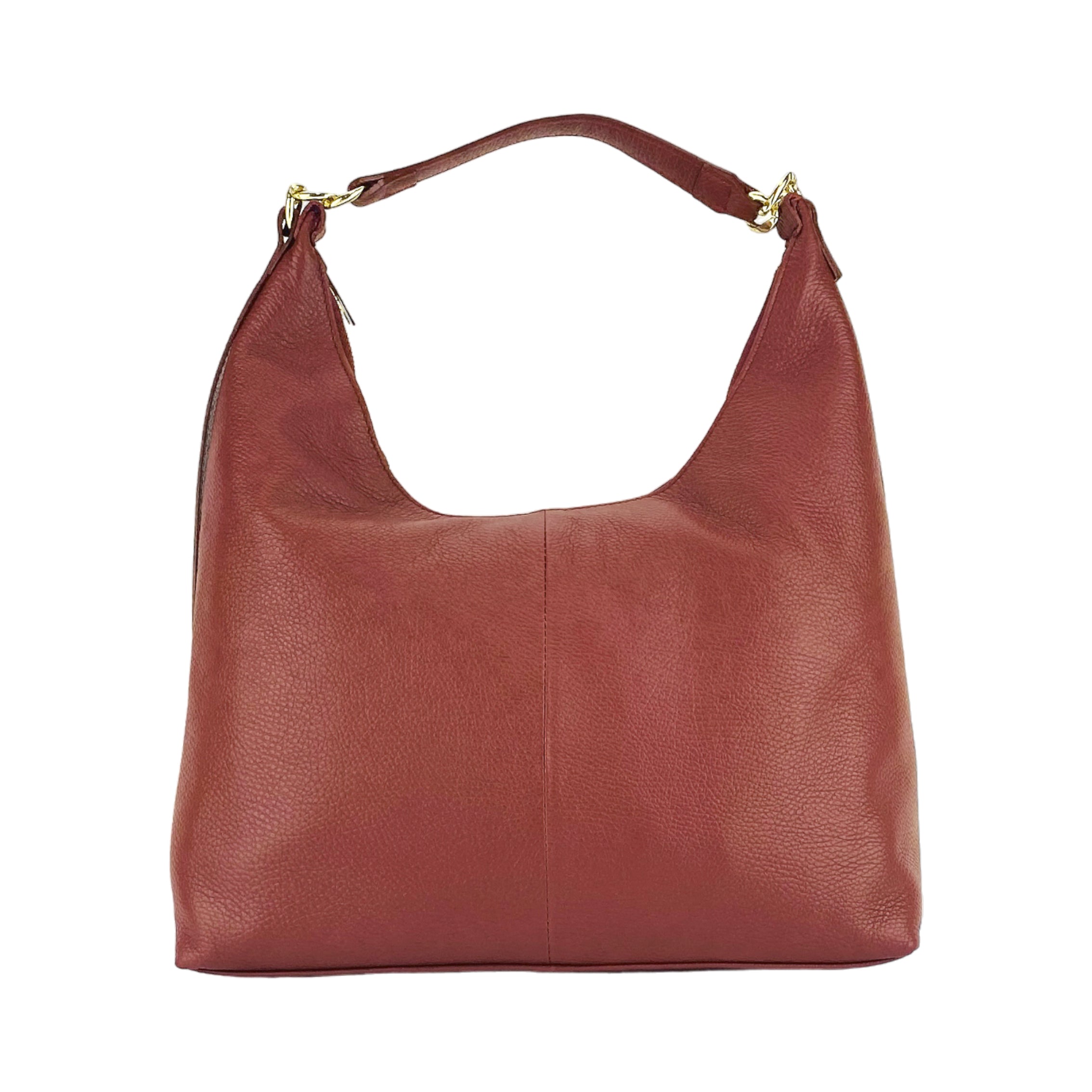 RB1017Q | Women's Soft Shoulder Bag in Genuine Leather Made in Italy with removable shoulder strap. Shiny Gold metal snap hook attachments - Ruby color - Dimensions: cm 36 x 40 x 13-1