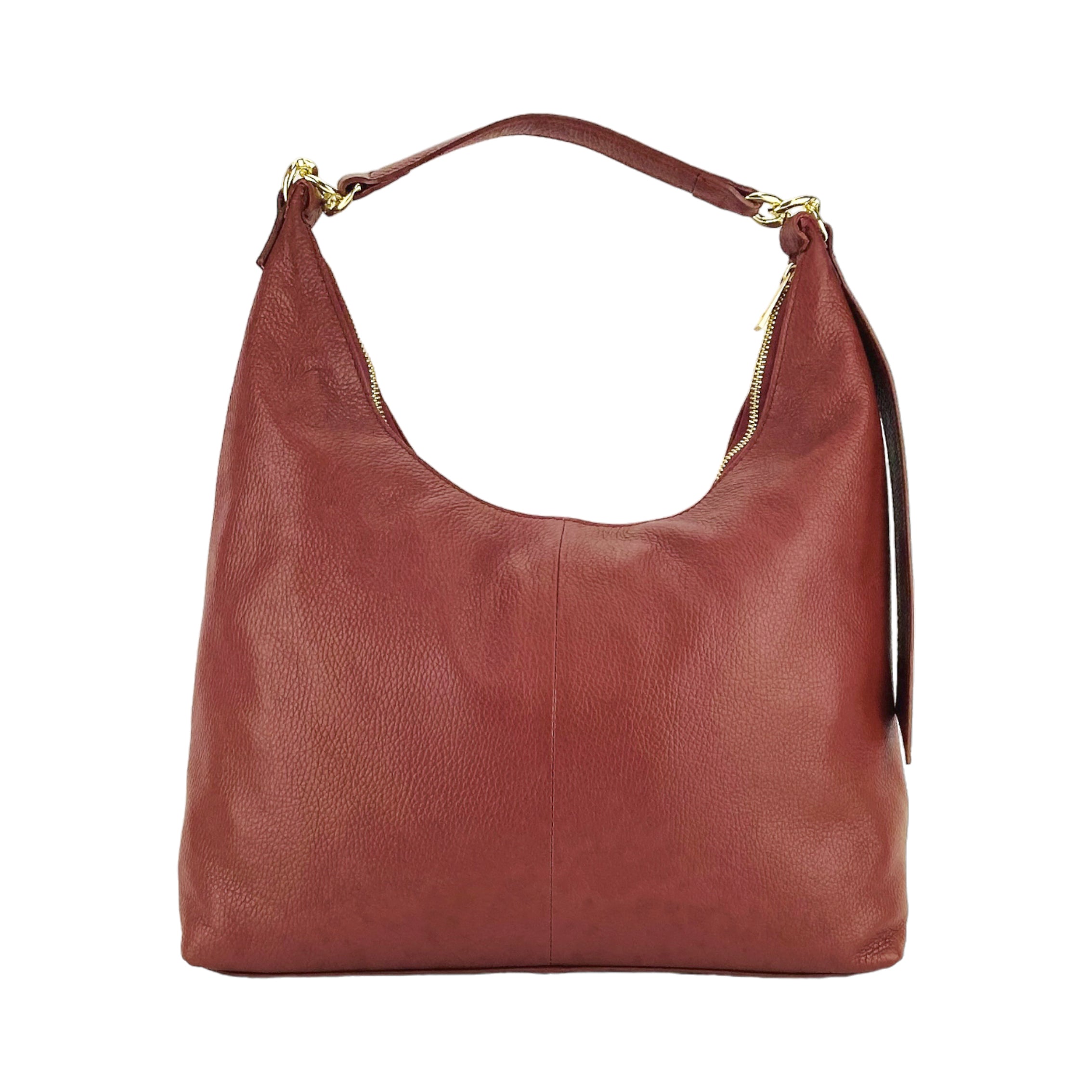 RB1017Q | Women's Soft Shoulder Bag in Genuine Leather Made in Italy with removable shoulder strap. Shiny Gold metal snap hook attachments - Ruby color - Dimensions: cm 36 x 40 x 13-2