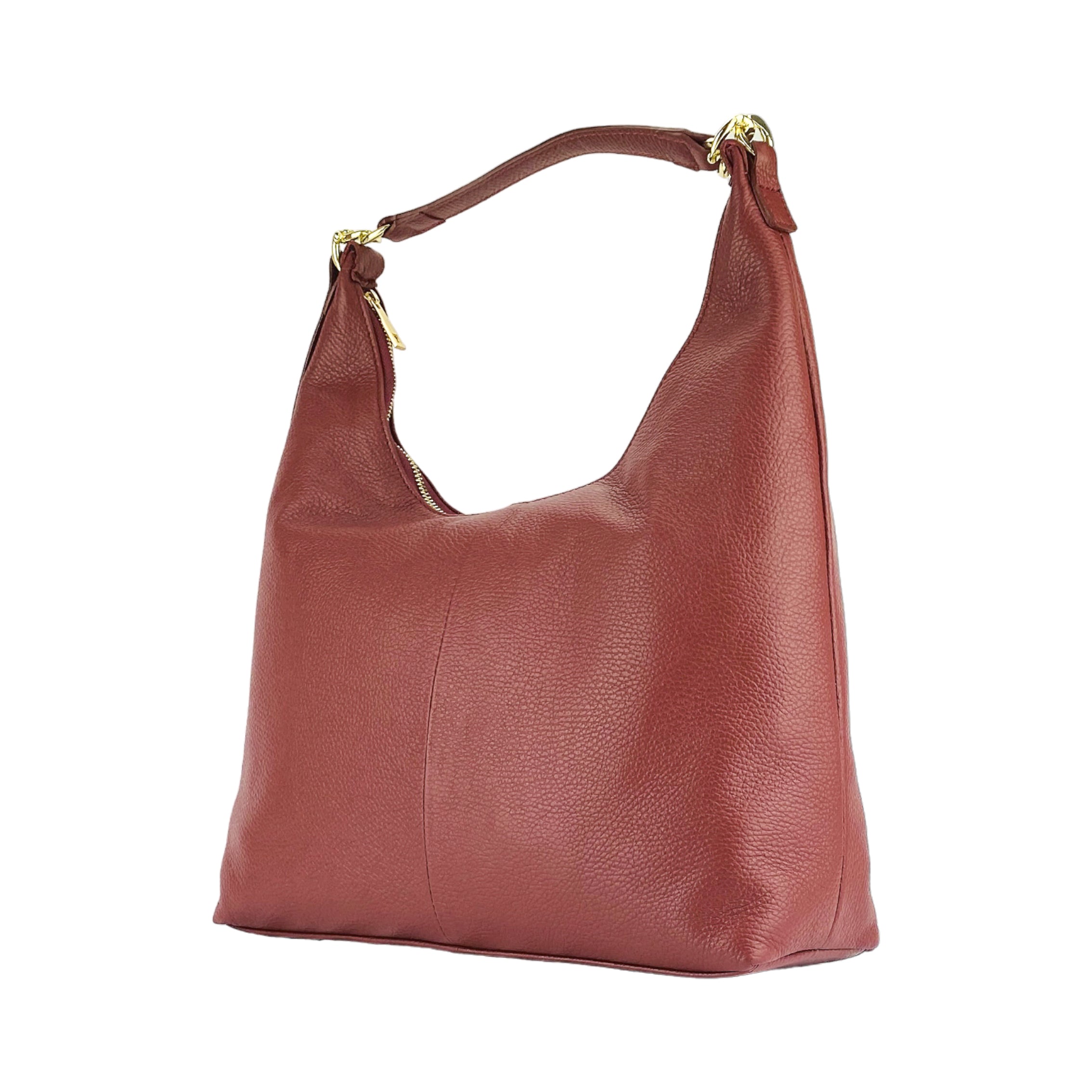 RB1017Q | Women's Soft Shoulder Bag in Genuine Leather Made in Italy with removable shoulder strap. Shiny Gold metal snap hook attachments - Ruby color - Dimensions: cm 36 x 40 x 13-4
