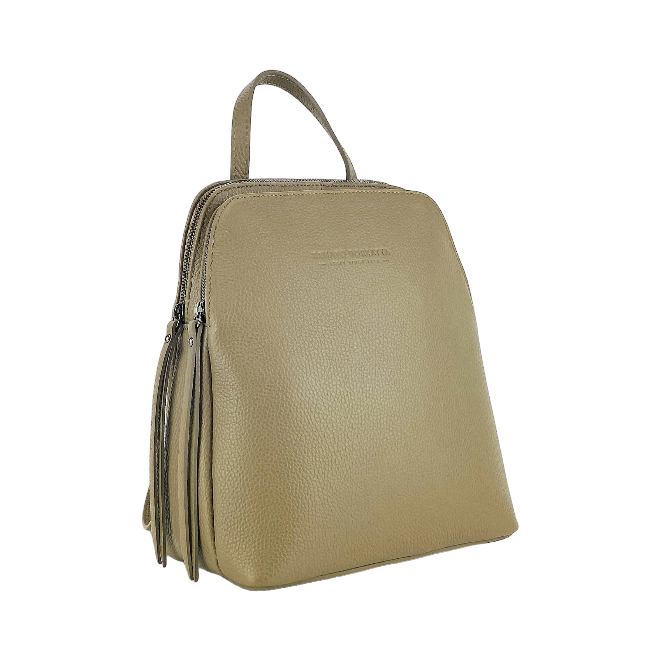 RB1018AQ | Women's Double Compartment Backpack in Genuine Leather Made in Italy with adjustable shoulder straps. Gunmetal metal hardware - Taupe color - Dimensions: cm 26 x 30 x 14.5-0