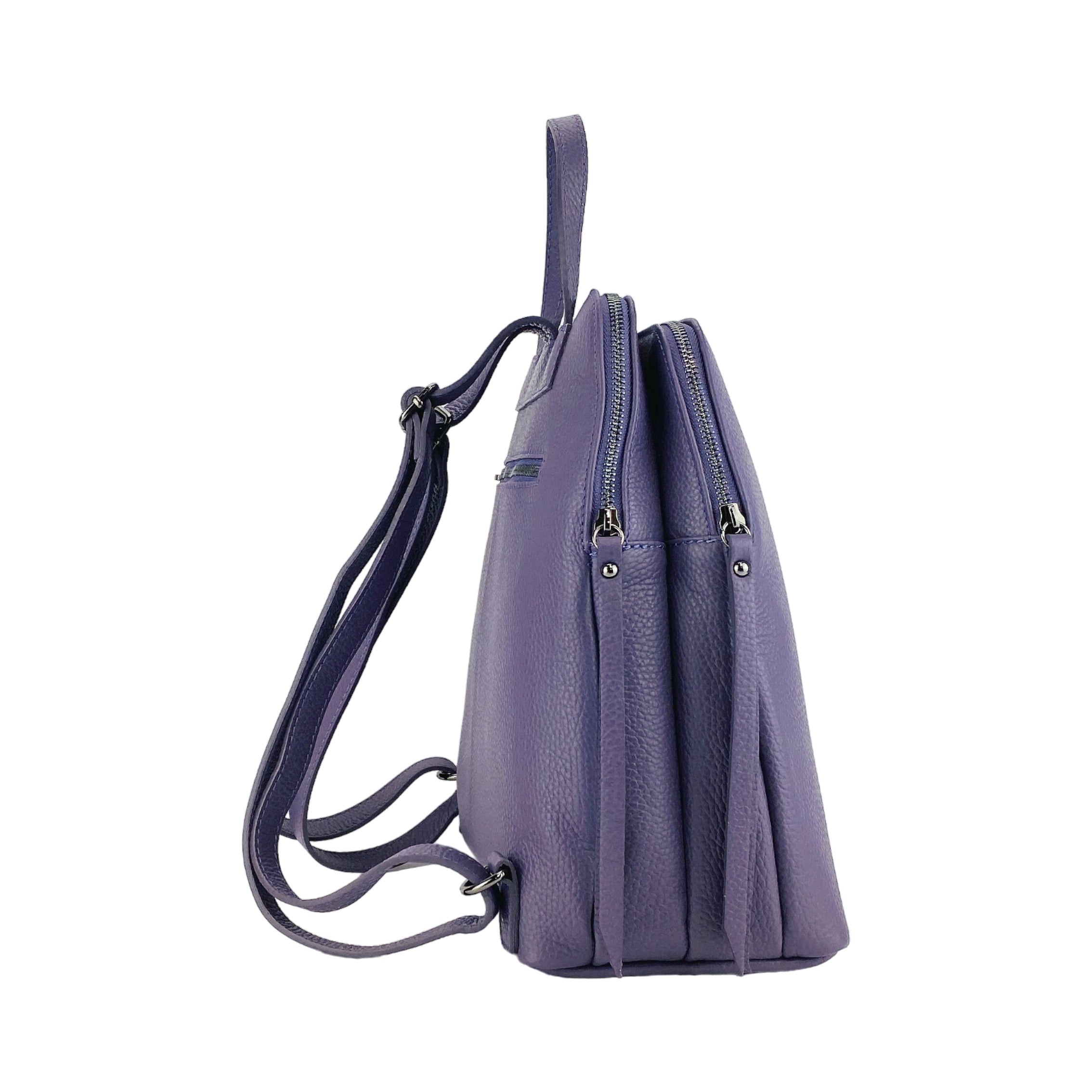 RB1018Y | Women's Double Compartment Backpack in Genuine Leather Made in Italy with adjustable shoulder straps. Gunmetal metal hardware - Color Purple - Dimensions: cm 26 x 30 x 14.5-3