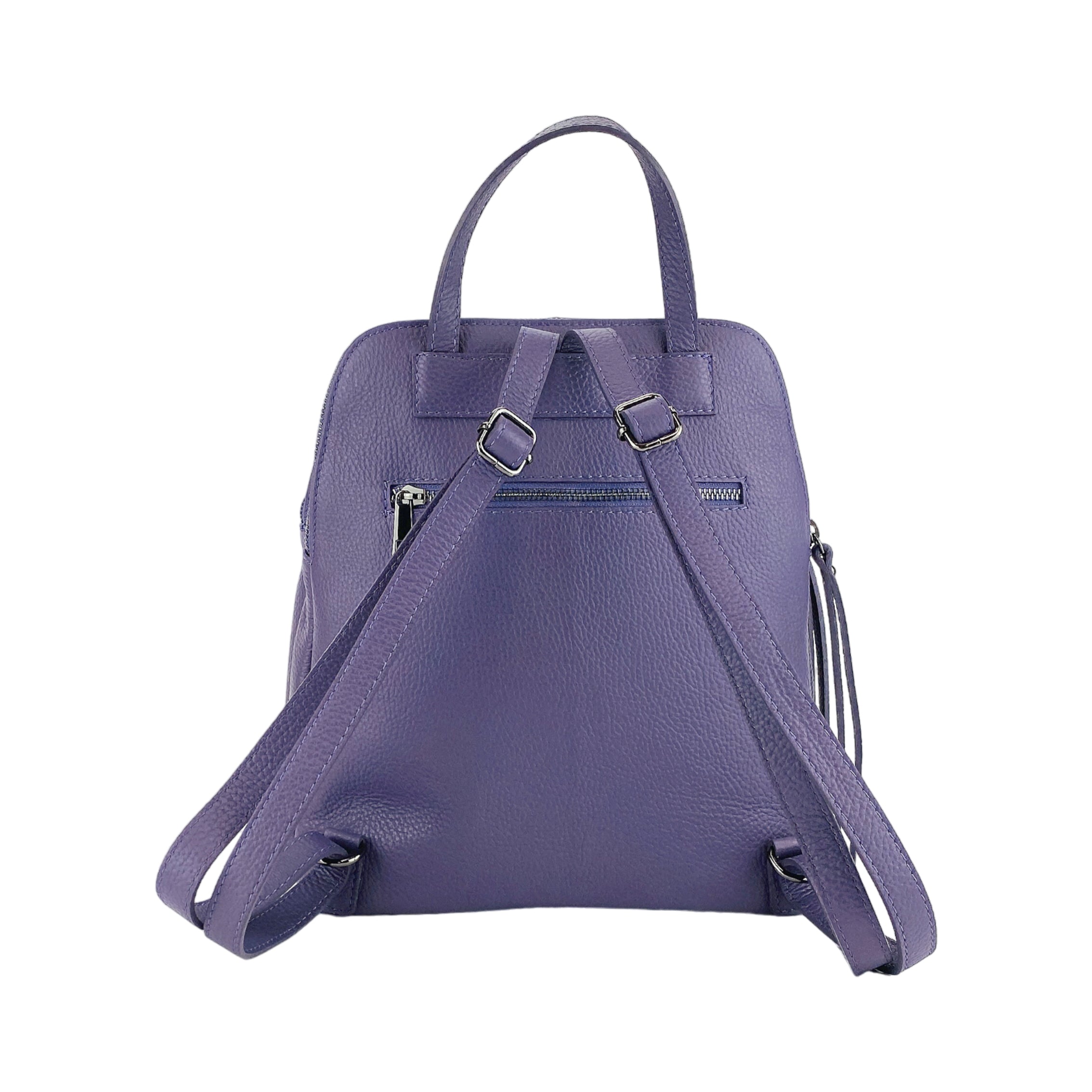 RB1018Y | Women's Double Compartment Backpack in Genuine Leather Made in Italy with adjustable shoulder straps. Gunmetal metal hardware - Color Purple - Dimensions: cm 26 x 30 x 14.5-4