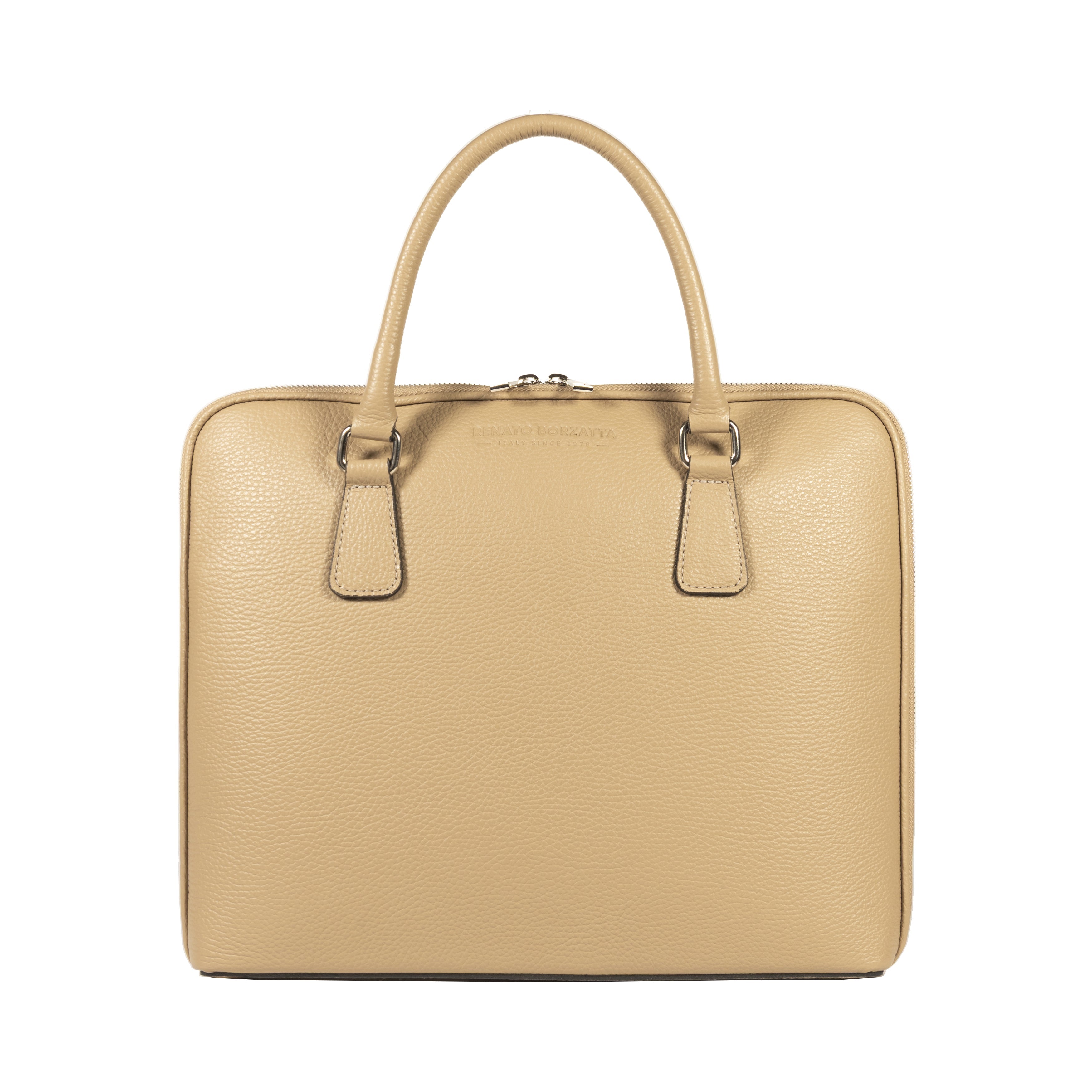 RB1019AQ | Made in Italy Genuine Leather Unisex Business Briefcase with removable shoulder strap. Polished Nickel metal snap hook attachments - Taupe color - Dimensions: cm 37 x 29 x 6.5-1