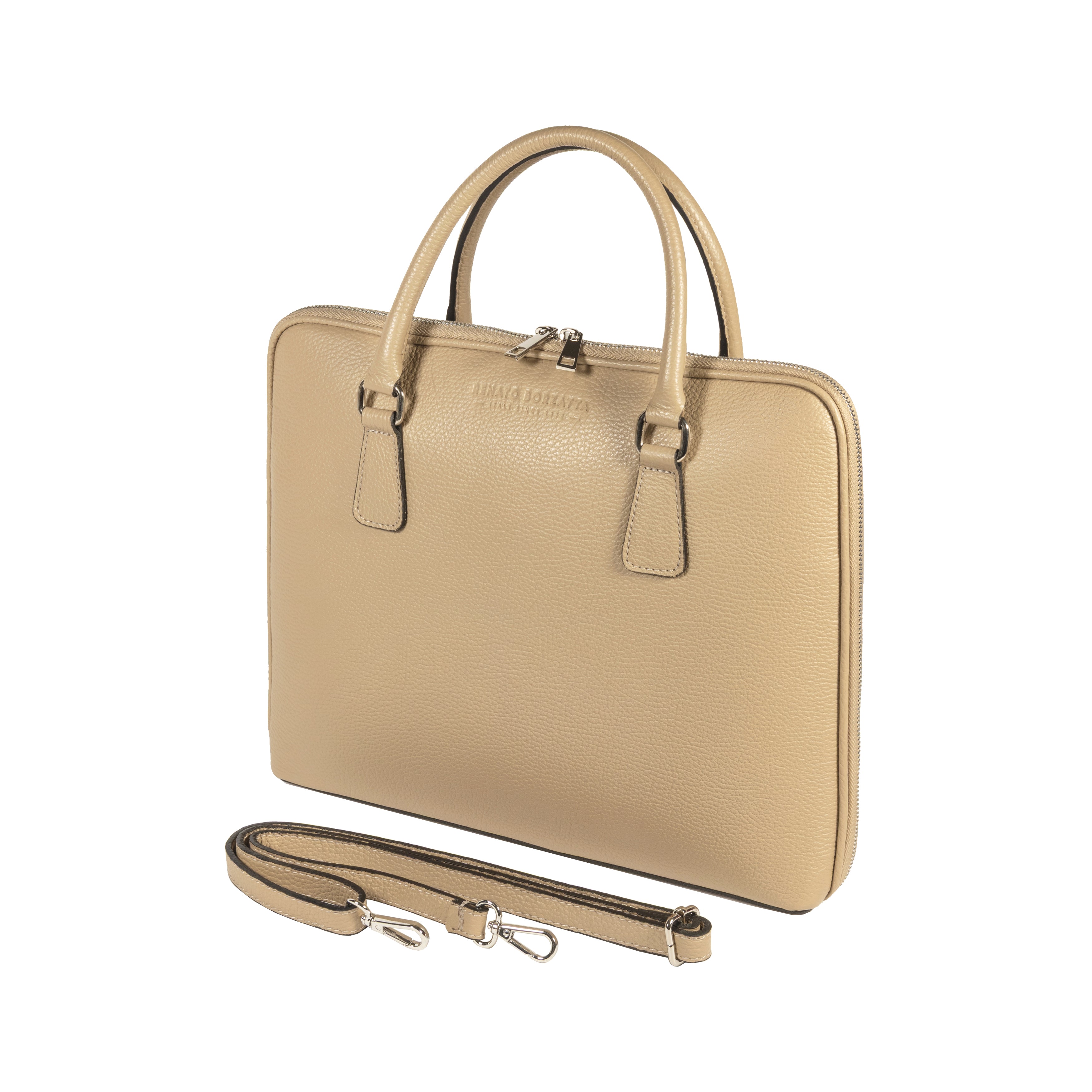 RB1019AQ | Made in Italy Genuine Leather Unisex Business Briefcase with removable shoulder strap. Polished Nickel metal snap hook attachments - Taupe color - Dimensions: cm 37 x 29 x 6.5-0