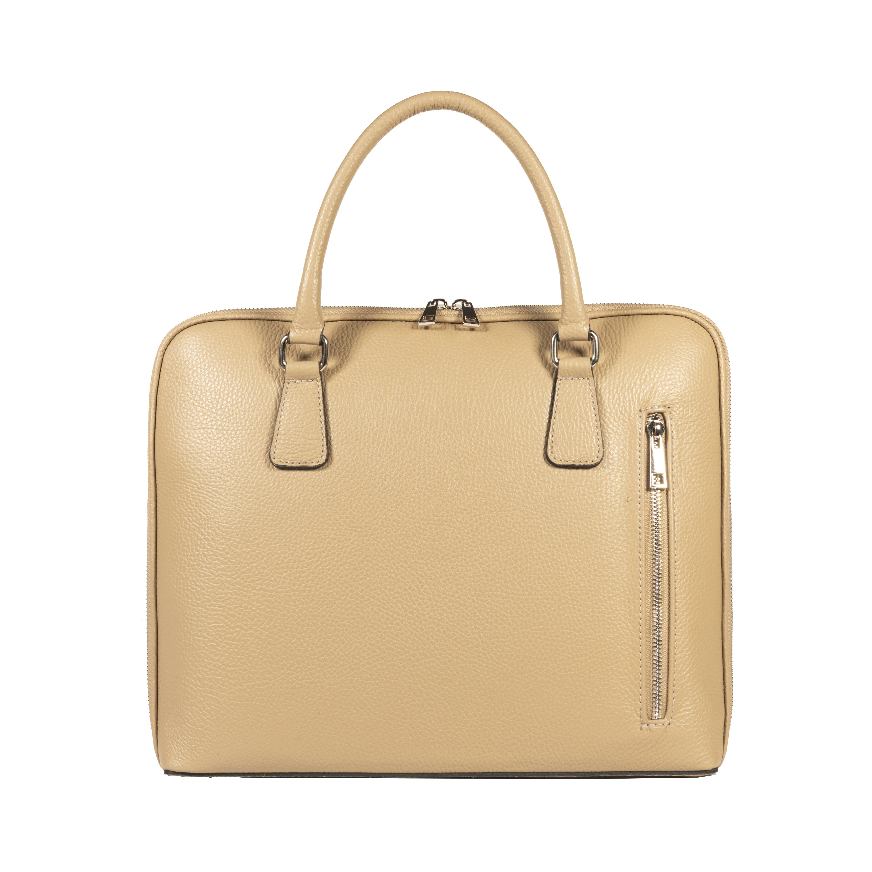 RB1019AQ | Made in Italy Genuine Leather Unisex Business Briefcase with removable shoulder strap. Polished Nickel metal snap hook attachments - Taupe color - Dimensions: cm 37 x 29 x 6.5-2