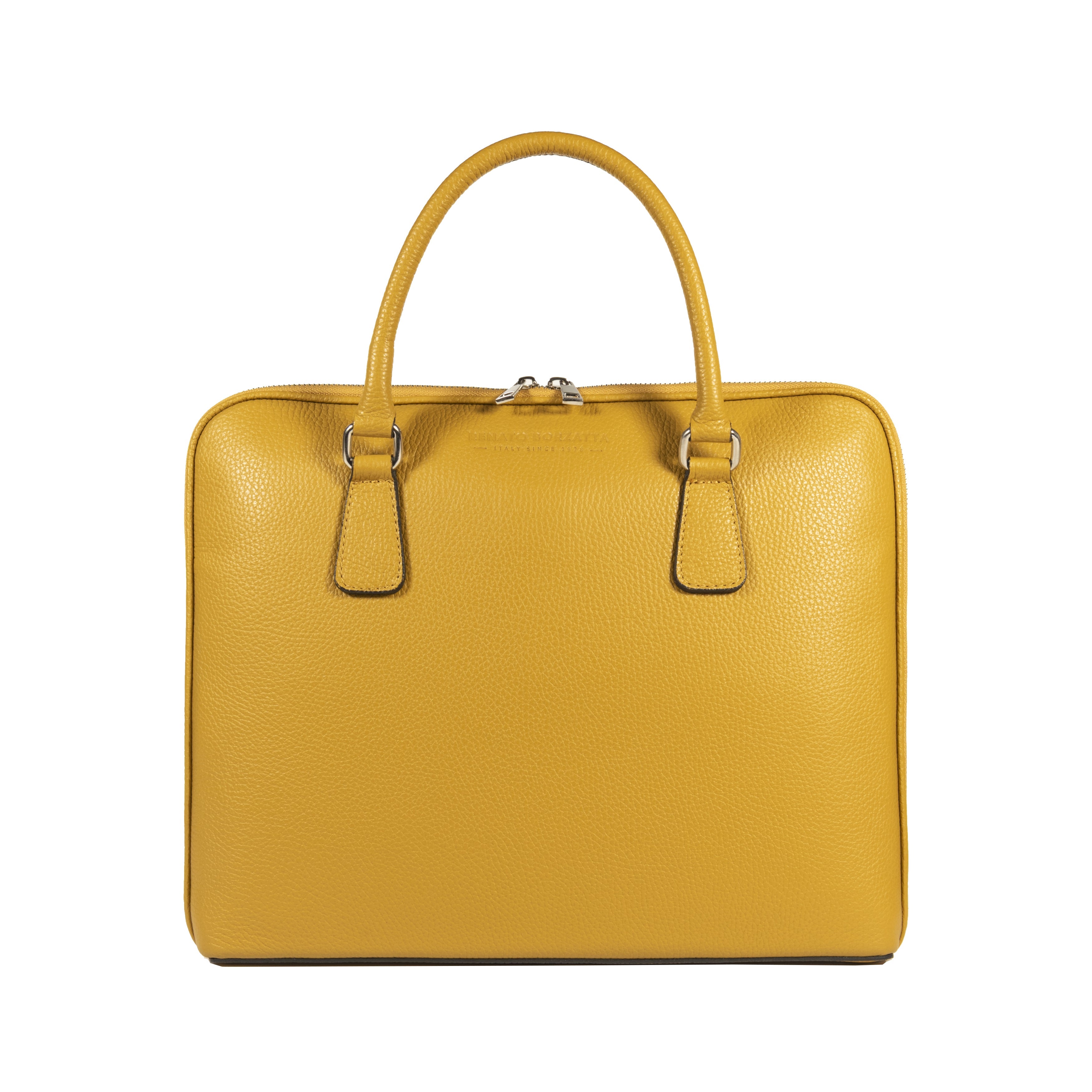 RB1019AR | Made in Italy Genuine Leather Unisex Business Briefcase with removable shoulder strap. Shiny Nickel metal snap hook attachments - Mustard color - Dimensions: cm 37 x 29 x 6.5-1