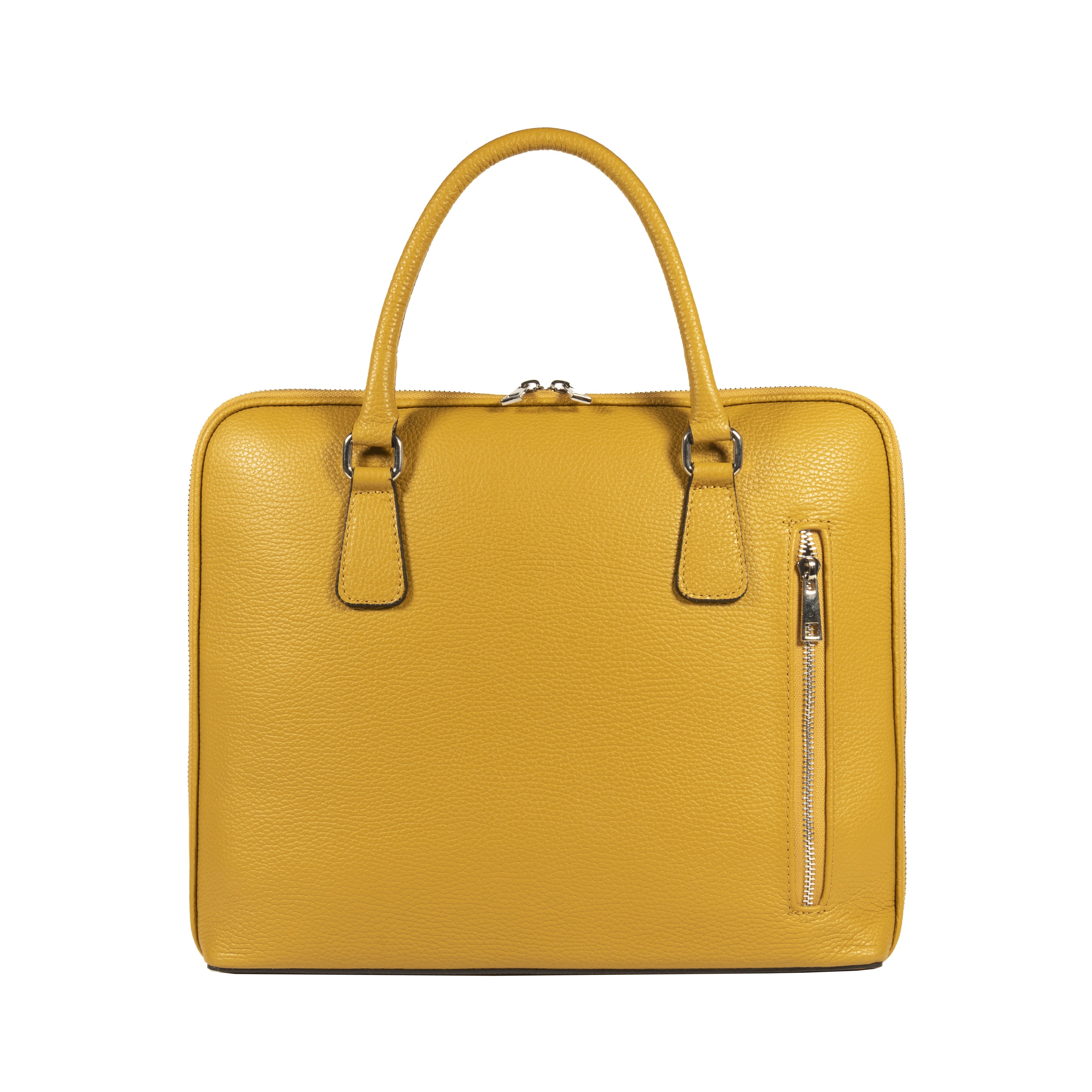 RB1019AR | Made in Italy Genuine Leather Unisex Business Briefcase with removable shoulder strap. Shiny Nickel metal snap hook attachments - Mustard color - Dimensions: cm 37 x 29 x 6.5-2
