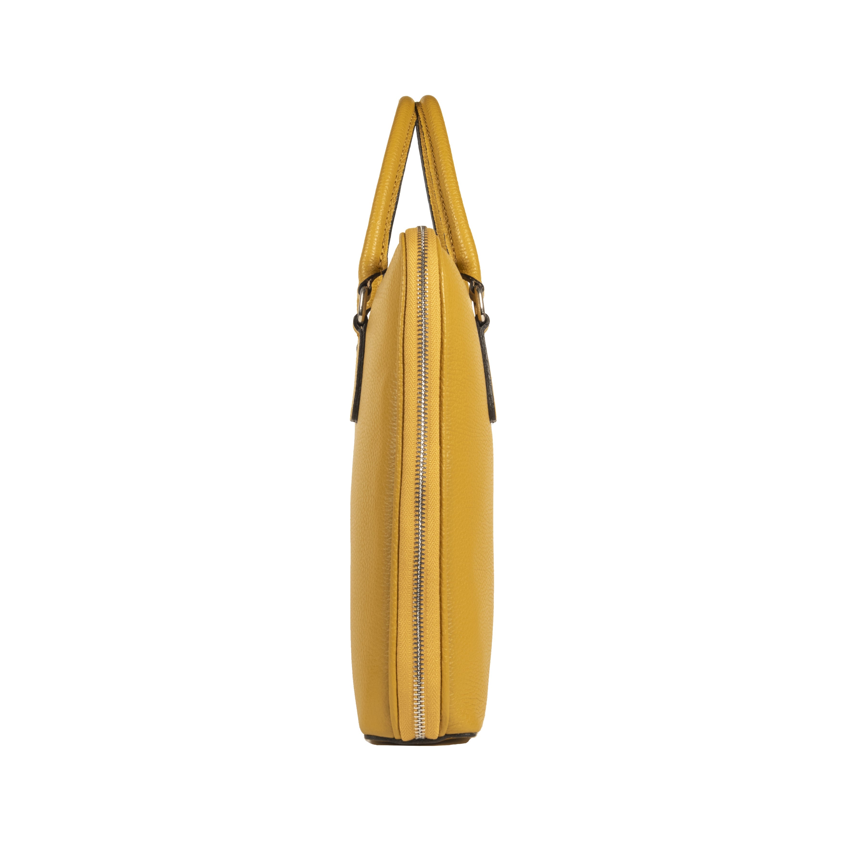 RB1019AR | Made in Italy Genuine Leather Unisex Business Briefcase with removable shoulder strap. Shiny Nickel metal snap hook attachments - Mustard color - Dimensions: cm 37 x 29 x 6.5-3