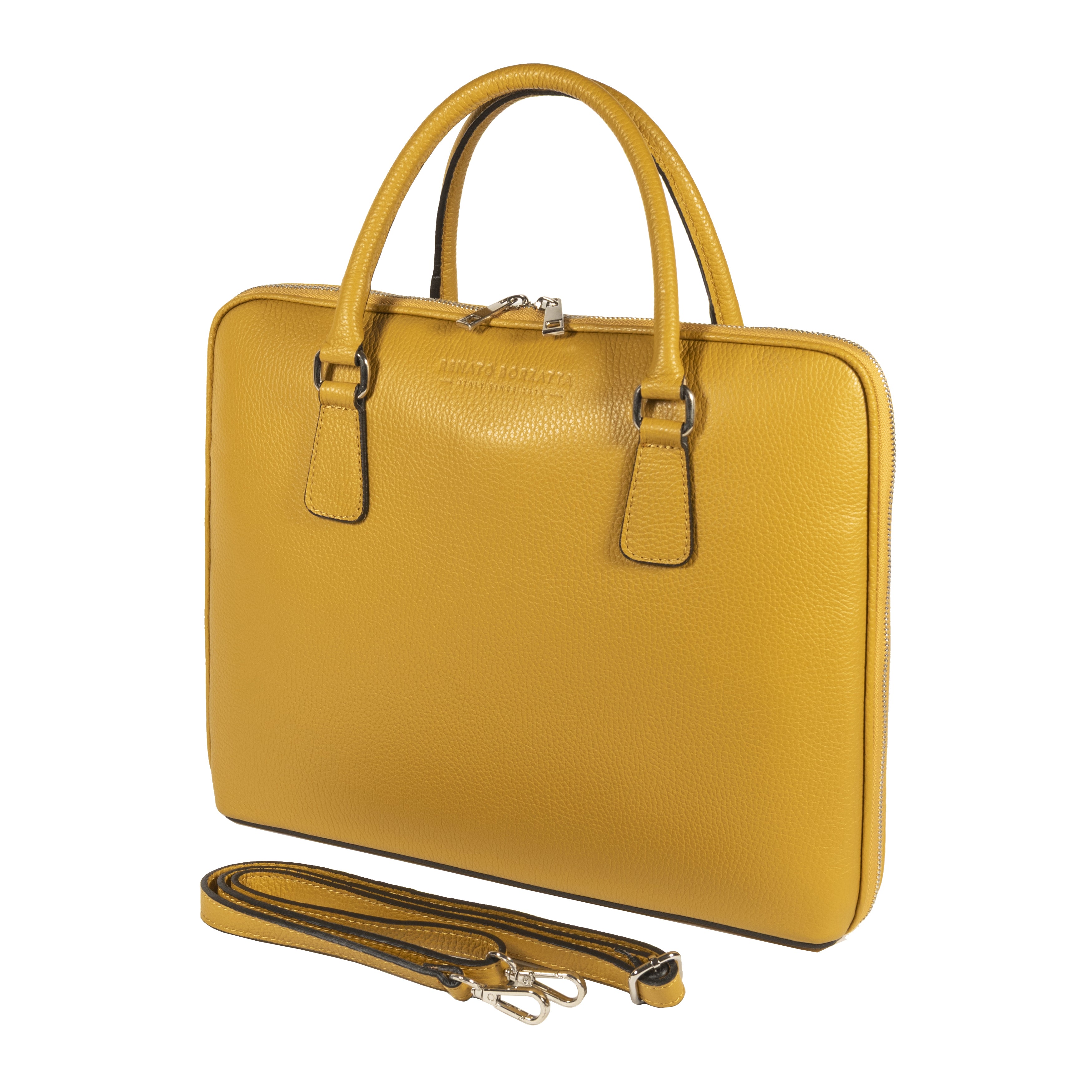 RB1019AR | Made in Italy Genuine Leather Unisex Business Briefcase with removable shoulder strap. Shiny Nickel metal snap hook attachments - Mustard color - Dimensions: cm 37 x 29 x 6.5-0