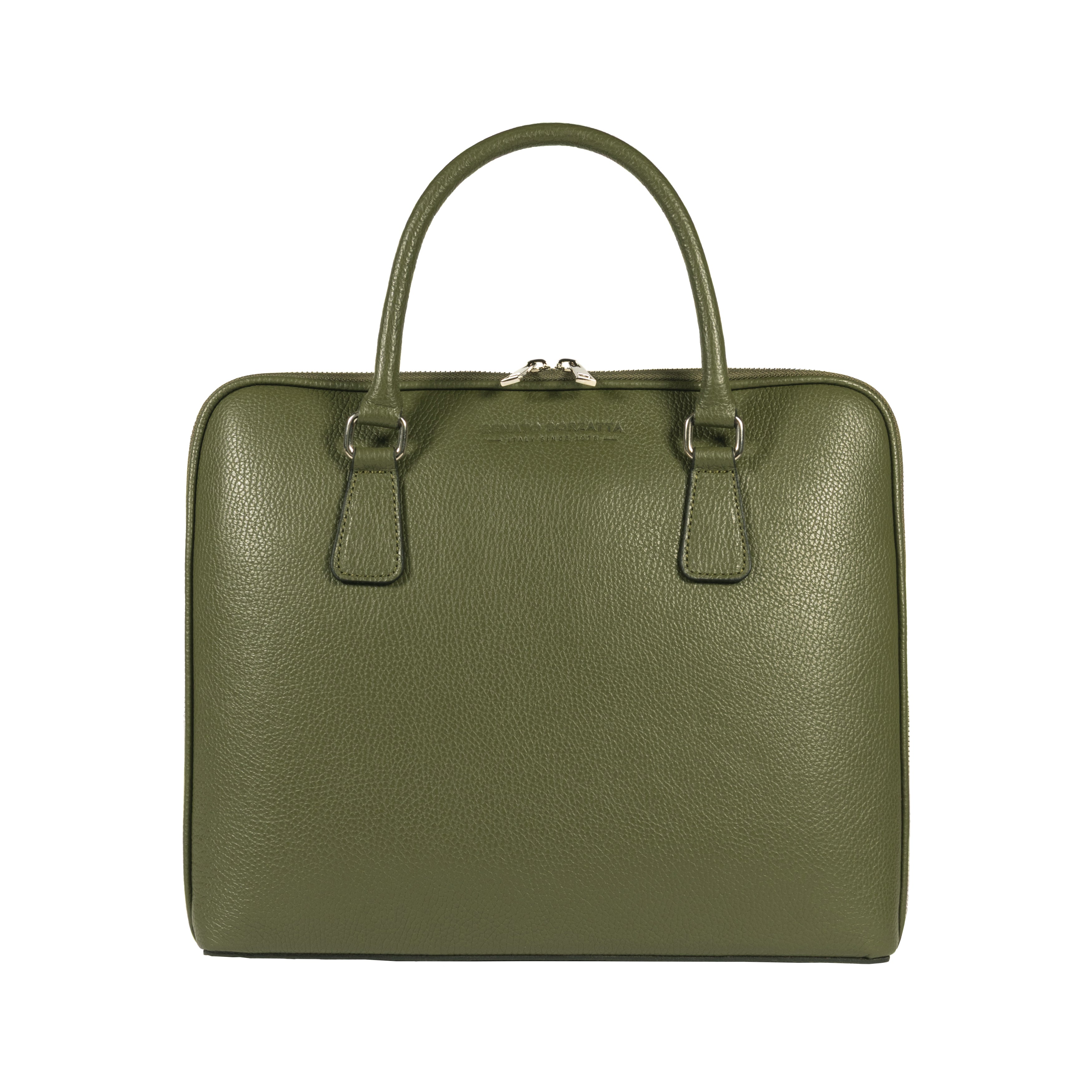 RB1019E | Made in Italy Genuine Leather Unisex Business Briefcase with removable shoulder strap. Polished Nickel metal snap hook attachments - Green color - Dimensions: cm 37 x 29 x 6.5-1