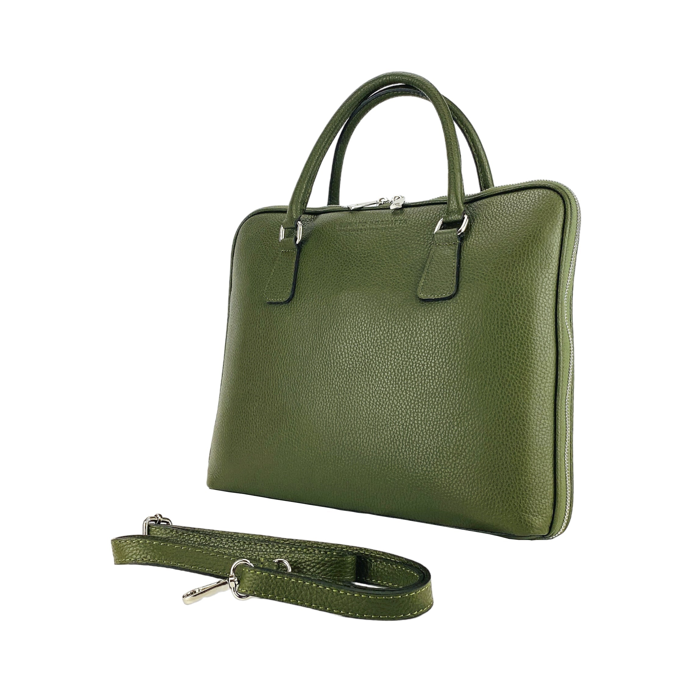 RB1019E | Cartella Business Unisex in Vera Pelle Made in Italy con tracolla removibile. Attacchi con moschettoni in metallo Nickel Lucido - Colore Verde - Dimensioni: cm 37 x 29 x 6,5-4