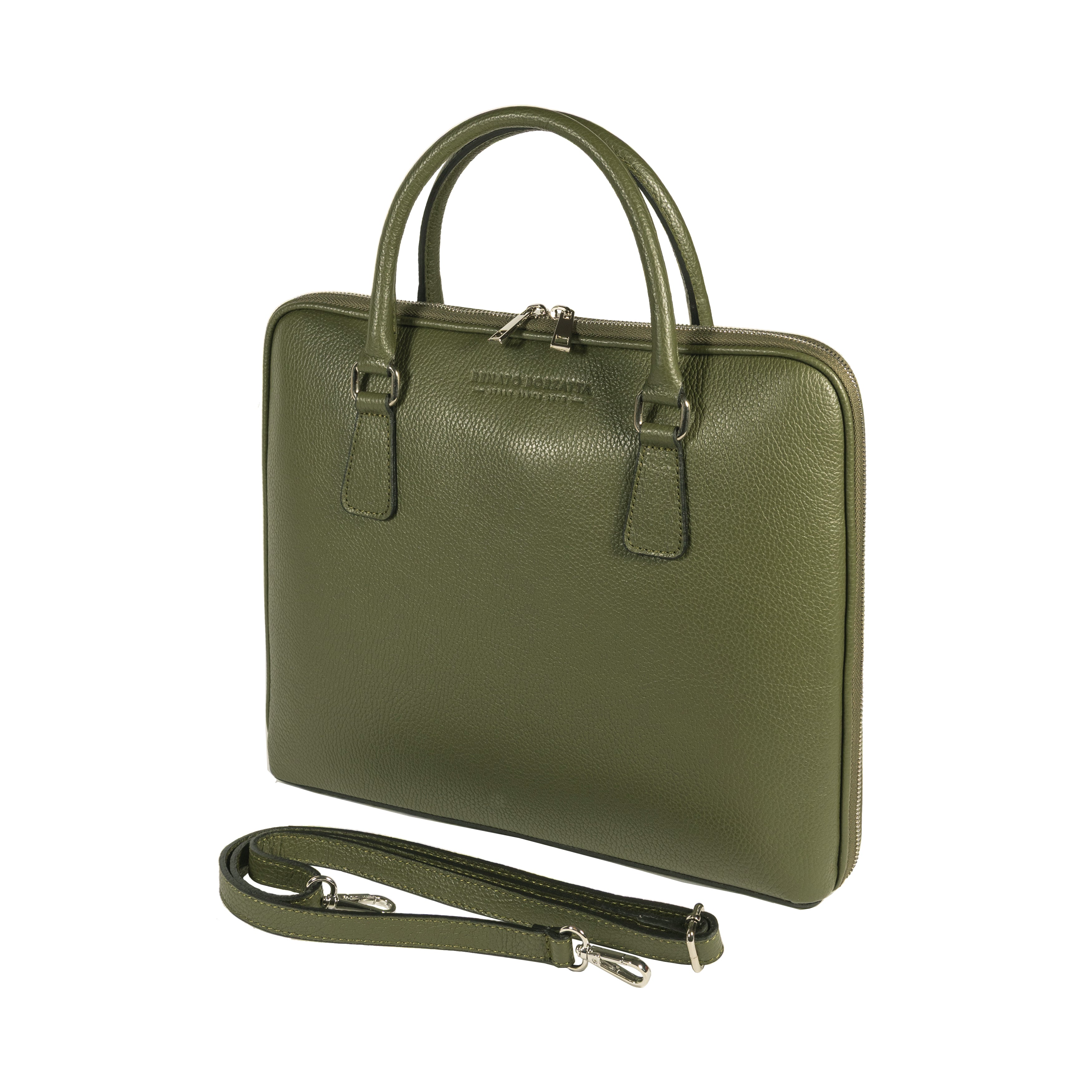 RB1019E | Made in Italy Genuine Leather Unisex Business Briefcase with removable shoulder strap. Polished Nickel metal snap hook attachments - Green color - Dimensions: cm 37 x 29 x 6.5-0