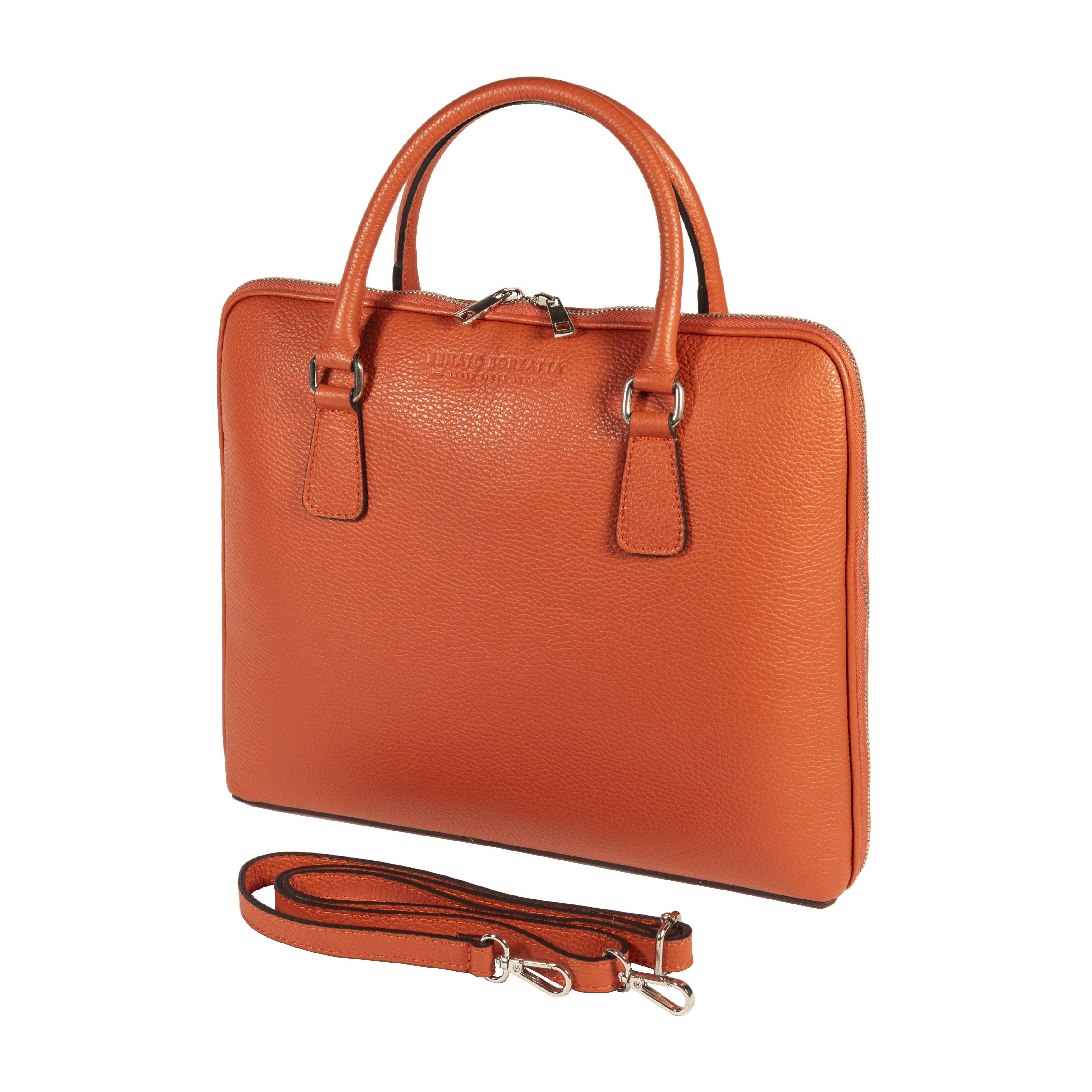 RB1019L | Made in Italy Genuine Leather Unisex Business Briefcase with removable shoulder strap. Polished Nickel metal snap hook attachments - Orange color - Dimensions: 37 x 29 x 6.5 cm.-0