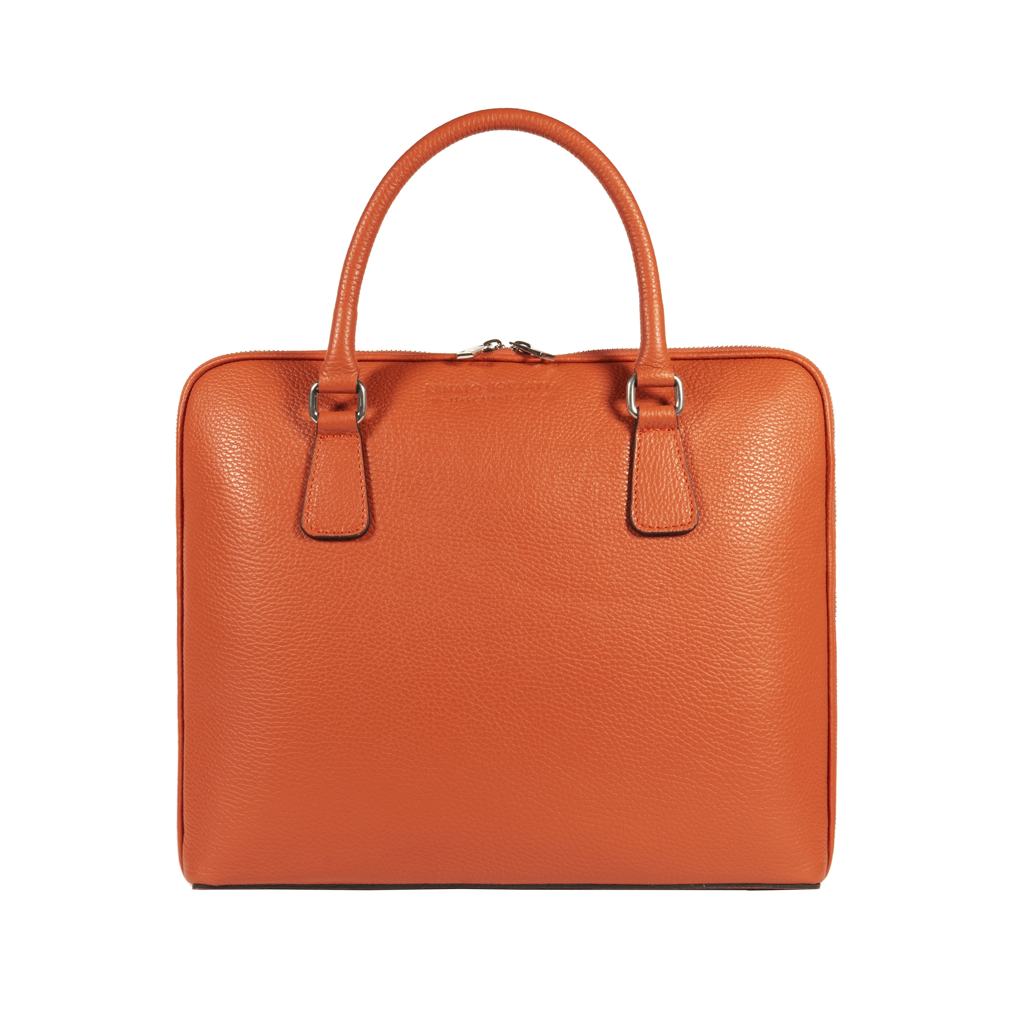 RB1019L | Made in Italy Genuine Leather Unisex Business Briefcase with removable shoulder strap. Polished Nickel metal snap hook attachments - Orange color - Dimensions: 37 x 29 x 6.5 cm.-1