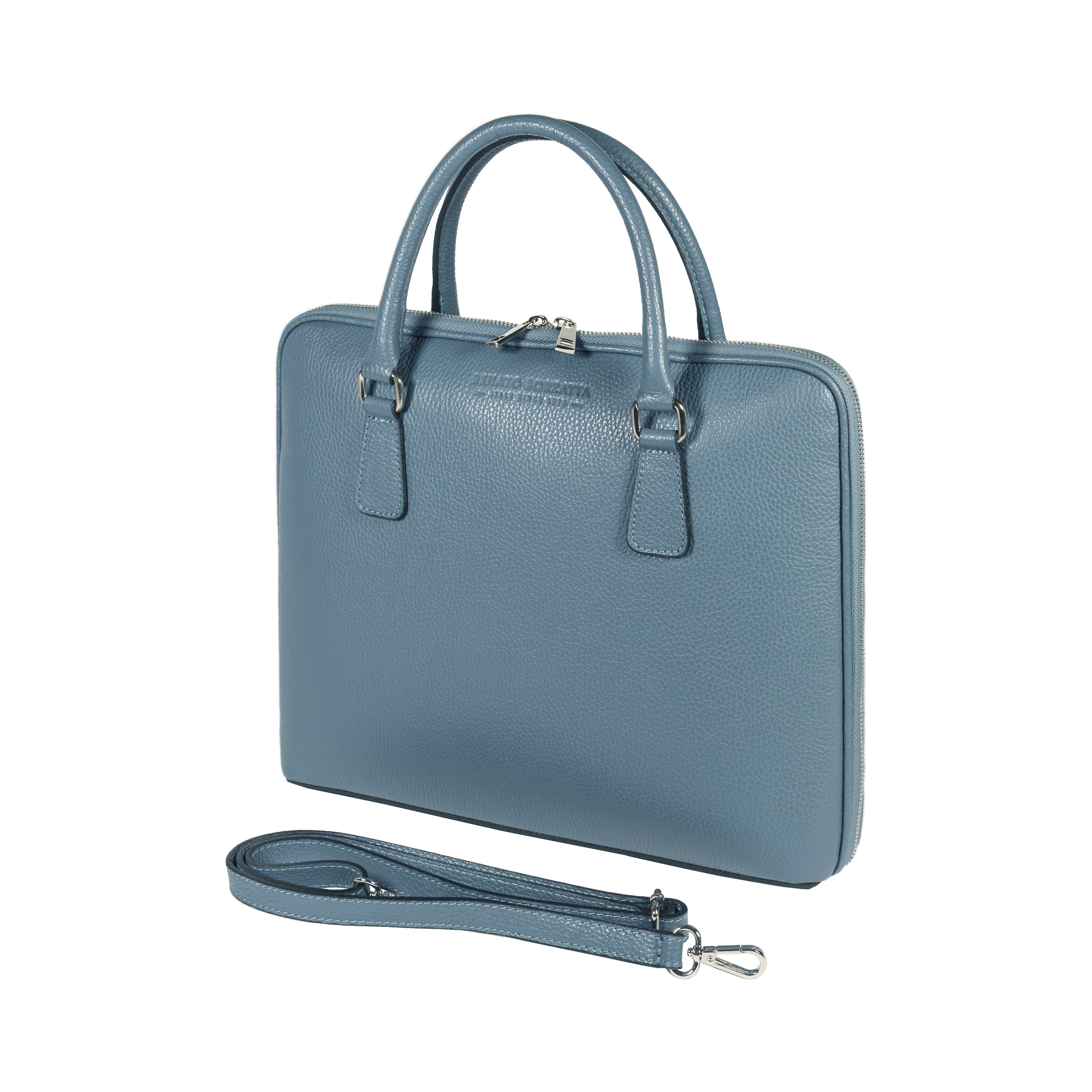 RB1019P | Made in Italy Genuine Leather Unisex Business Briefcase with removable shoulder strap. Shiny Nickel metal snap hook attachments - Avio color - Dimensions: cm 37 x 29 x 6.5-0