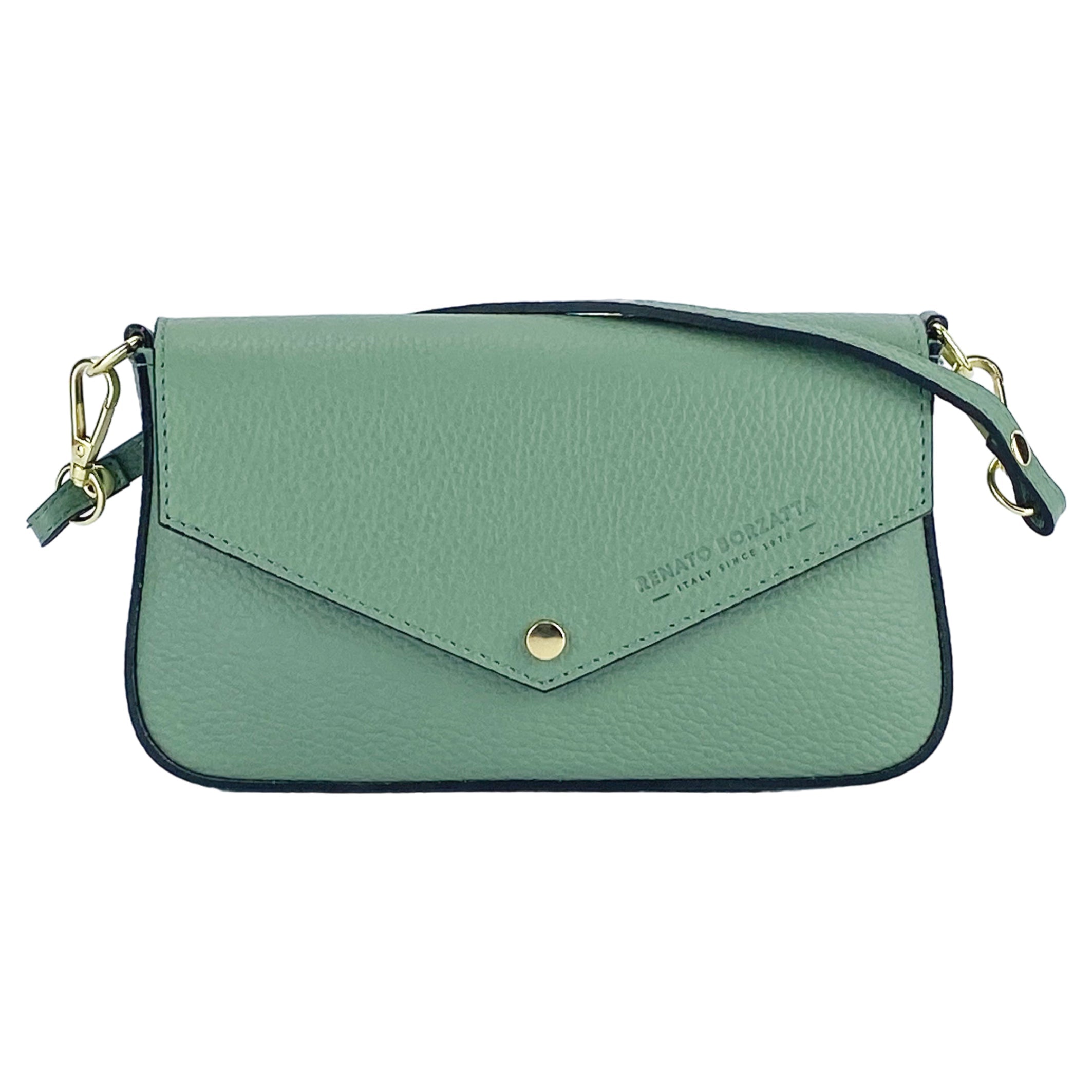 RB1023BF | Borsa piccola a Spalla con Tracolla a catena removibile in Vera Pelle Made in Italy. Pattina di Chiusura. Accessori in metallo Oro Lucido - Colore Menta - Dimensioni: cm 22 x 12 x 3-1