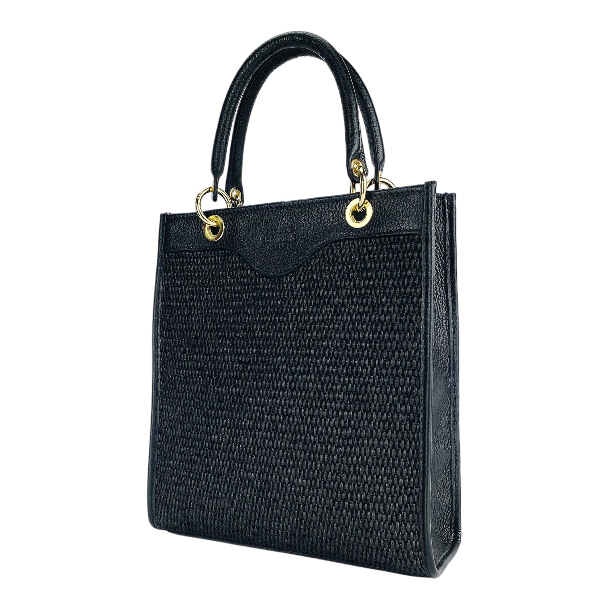 RB1026A  | Borsa Donna a mano verticale in Vera Pelle e Paglia Made in Italy. Tracolla removibile e regolabile in pelle. Accessori Oro Lucido - Colore Nero - Dimensioni: cm 24 x 29 x 9-0