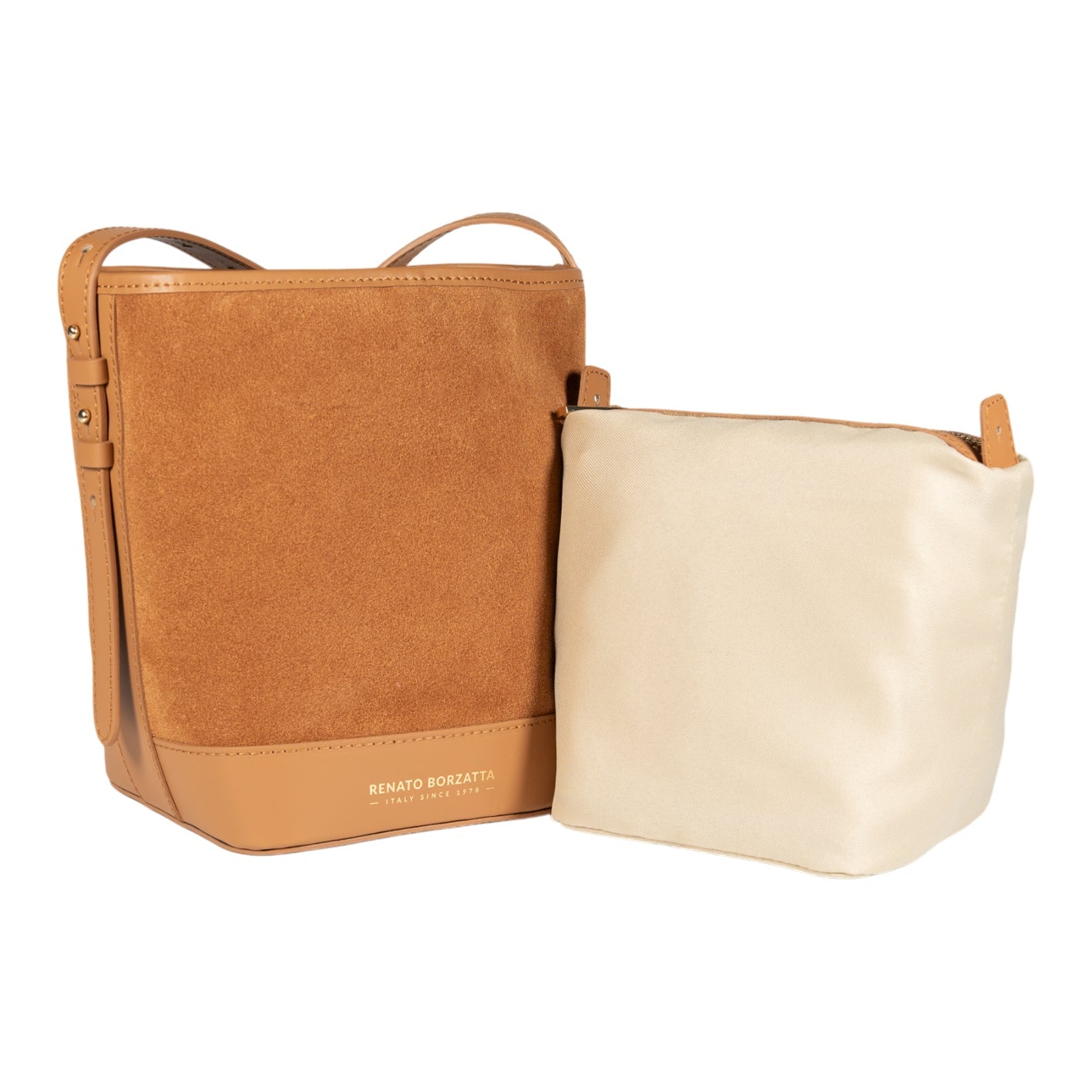 RB1031CQ | BRENDA Genuine Leather Women's Bucket Bag Made in Italy. Shiny Gold metal hardware - Leather color - Dimensions: 25 x 23.5 x 17 cm.-1