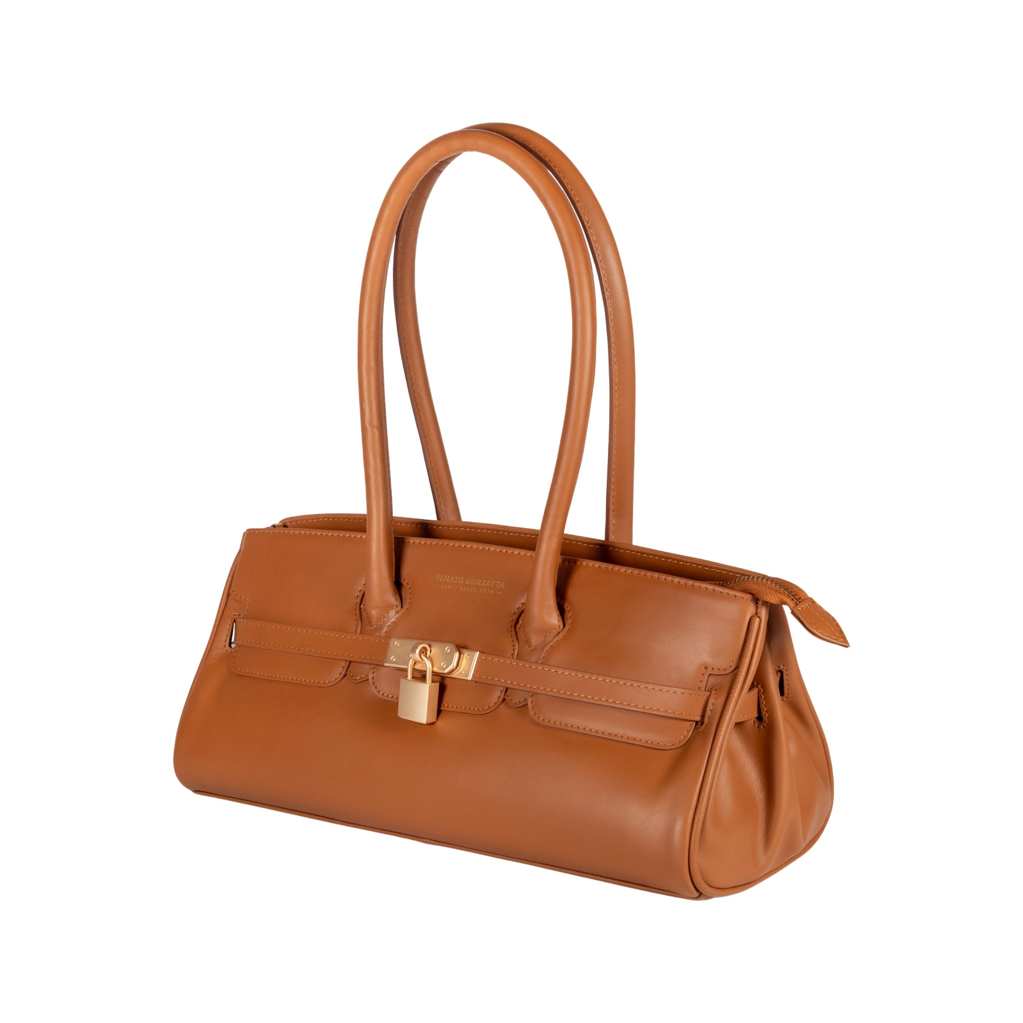 RB1033S | ARIANNA Women's Shoulder Bag in Soft Genuine Sauvage Leather, Made in Italy. Matte Gold Metal Hardware. Cognac Color. Dimensions: 34 x 15 x 16 + 20 cm (Handle Drop)-1